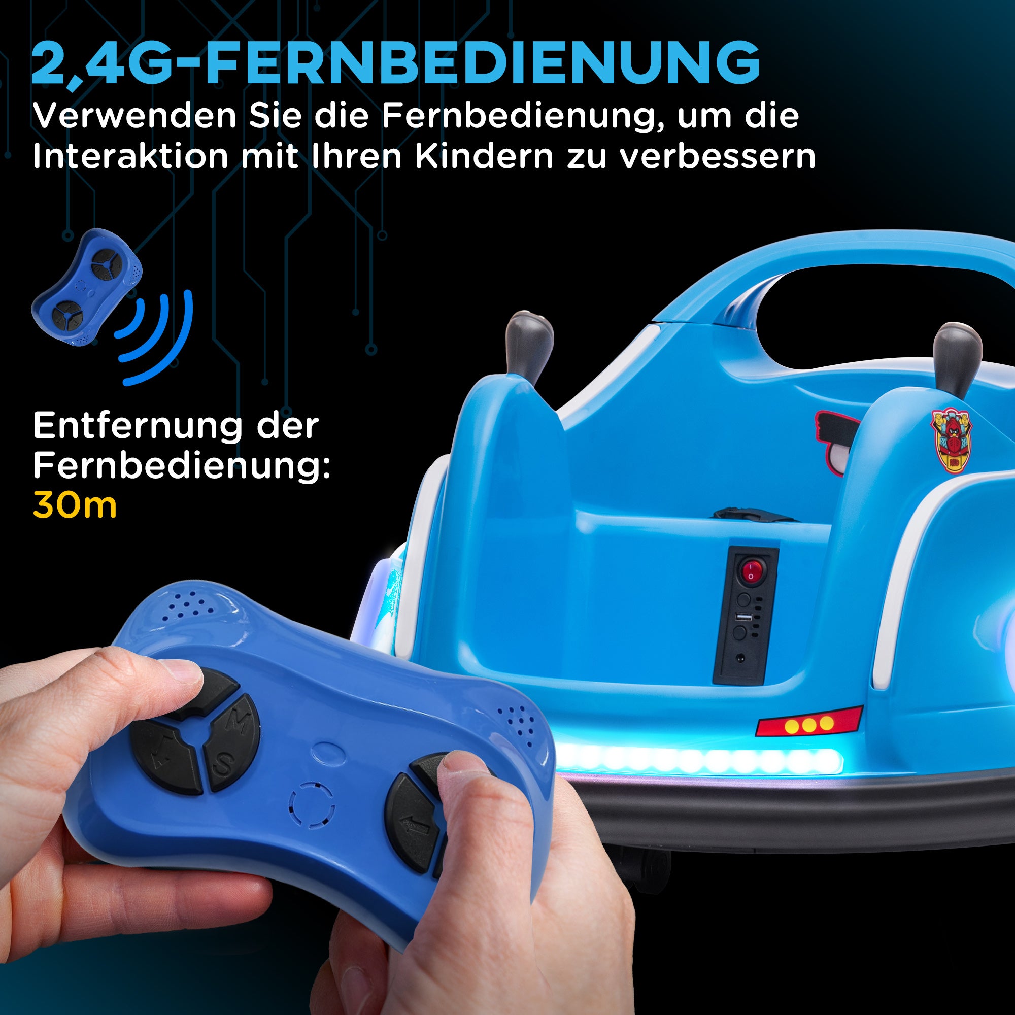 AIYAPLAY Kinder-Autoscooter, 360°-Drehung, für 3-5 Jahre, mit Fernbedienung, Musik, Blau