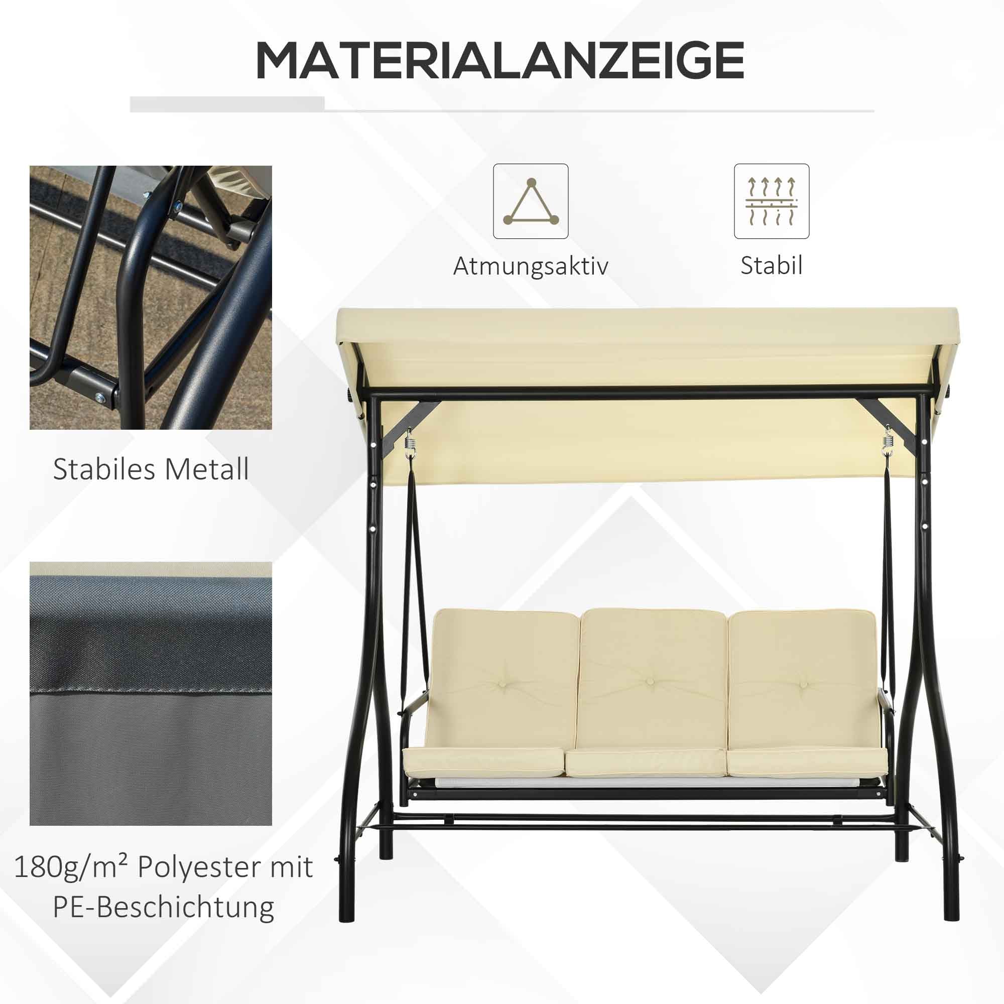 Outsunny Schaukelbank, Hollywoodschaukel mit Sonnenschutz, Gartenschaukel, Verandaschaukel, 3 Sitze, Schaukelbett