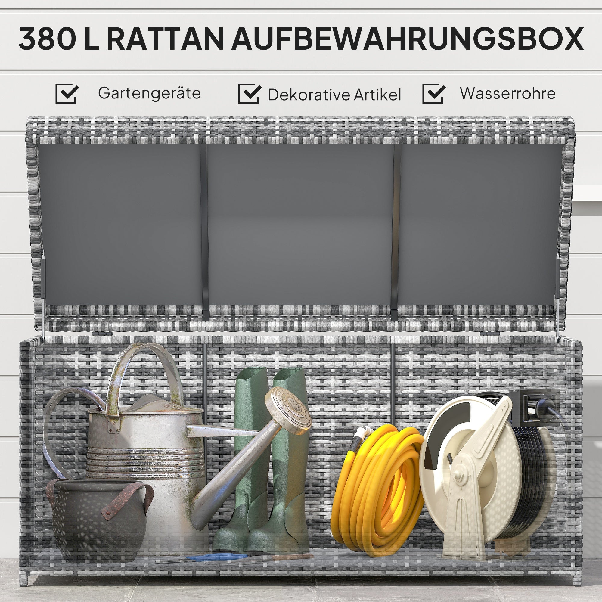 Outsunny Rattan Auflagenbox 380L wetterfest Kissenbox mit Deckel Stauraum UV-beständig 130 x 61 x 65 cm Dunkelgrau