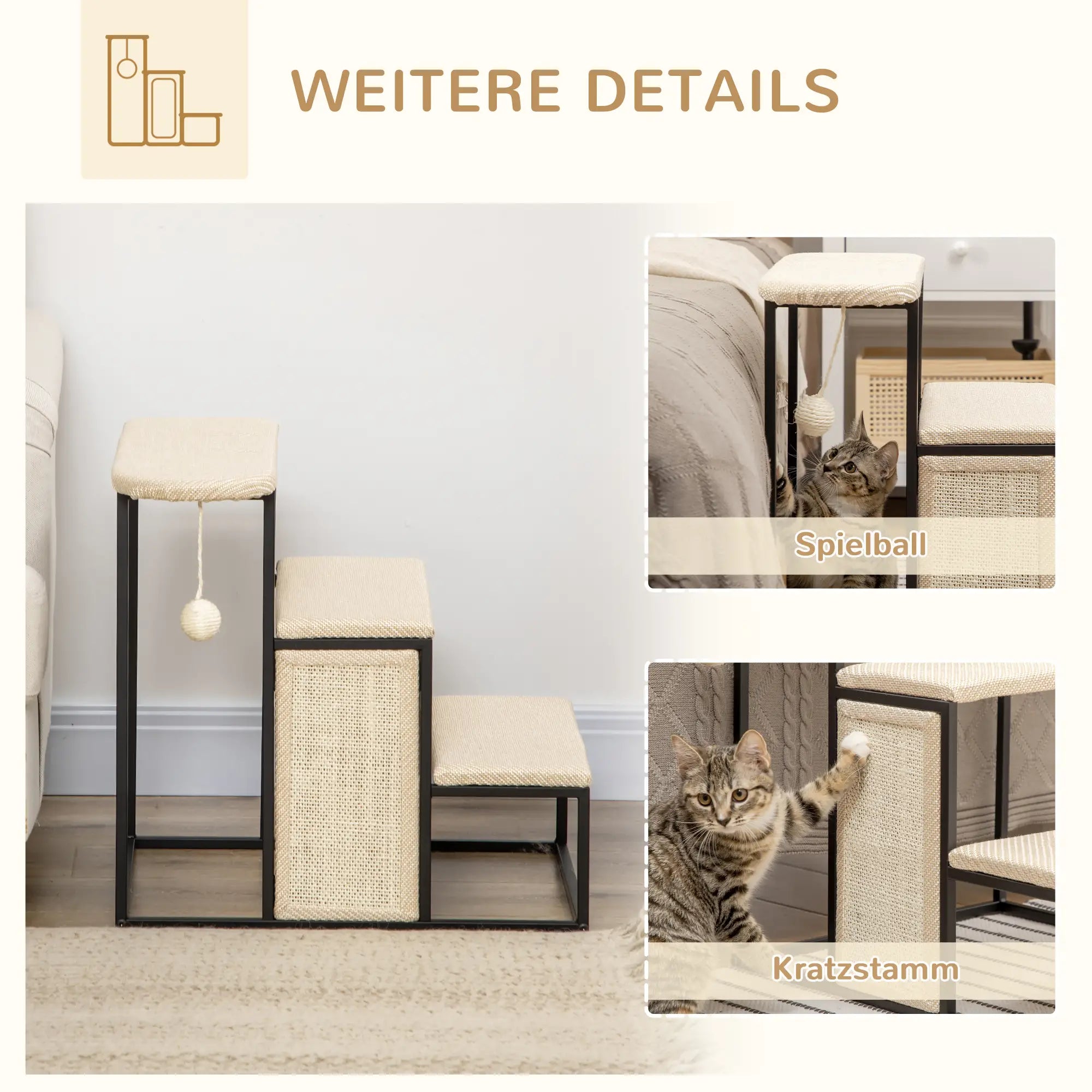 PawHut Katzentreppe, mit Kratzbrett, 3 Stufen, Spielball, robust, Stahl+Sisal, cremeweiß+schwarz, 51 x 54 x 53cm