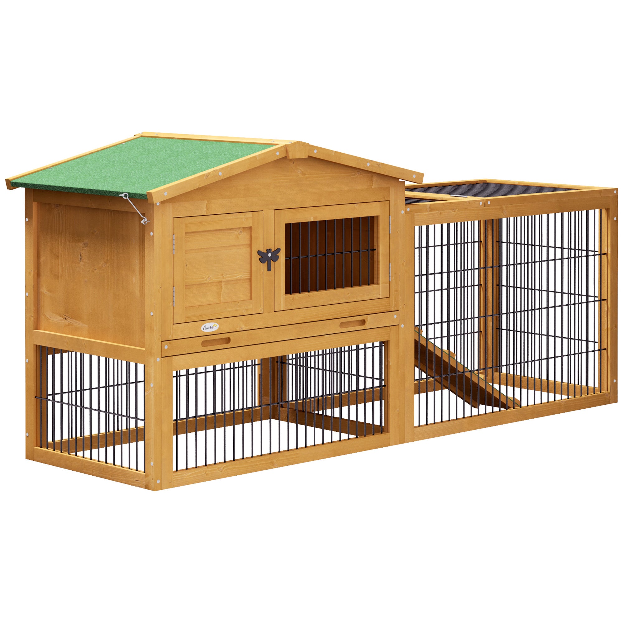 PawHut Hasenstall 2 Ebenen Kaninchenstall Tannenholz Winterfest Doppelstockhaus mit Freilaufgehege Rampe 150x52x68 cm Gelb