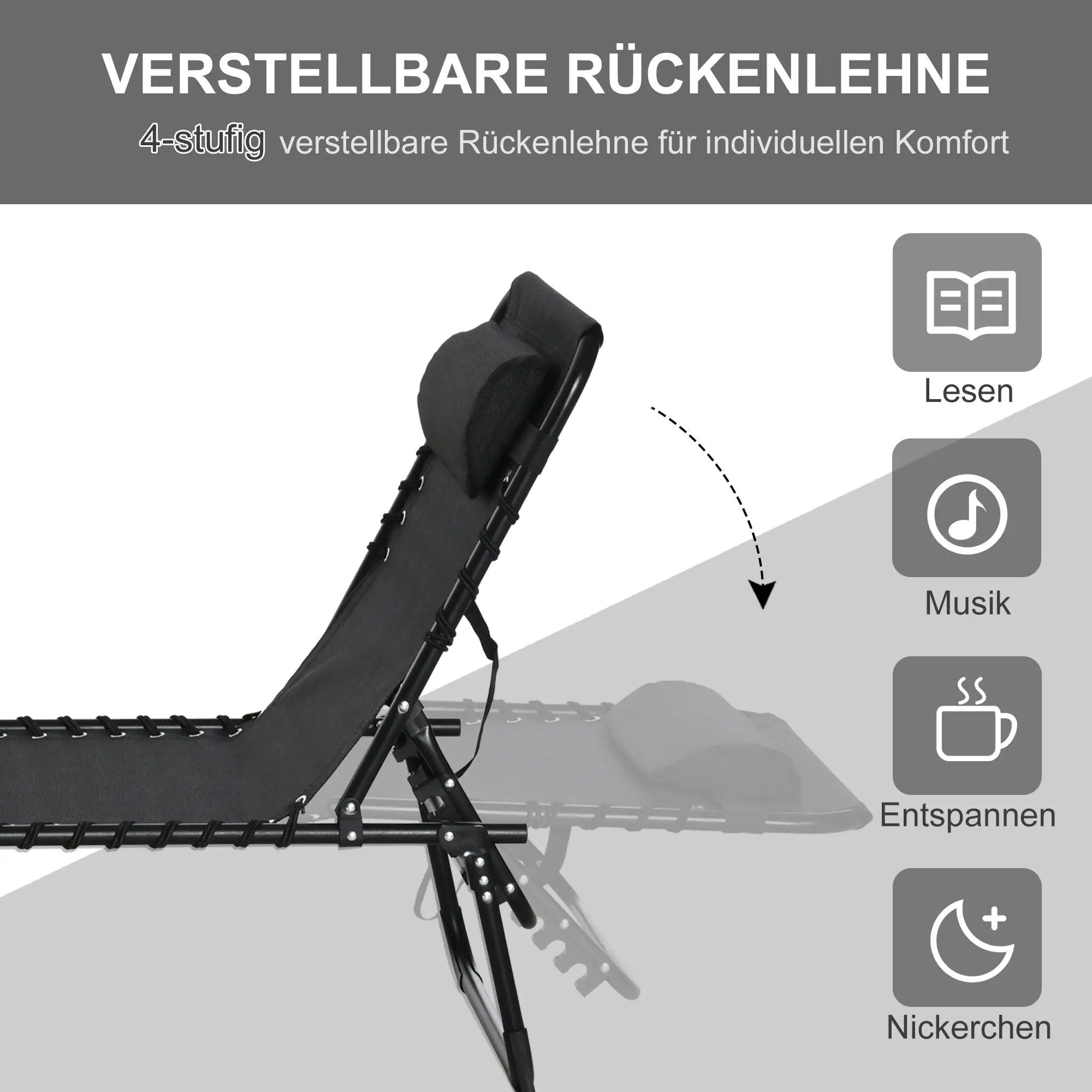 Outsunny Sonnenliege klappbar mit 4-fach verstellbarer Rückenlehne, Schwarz