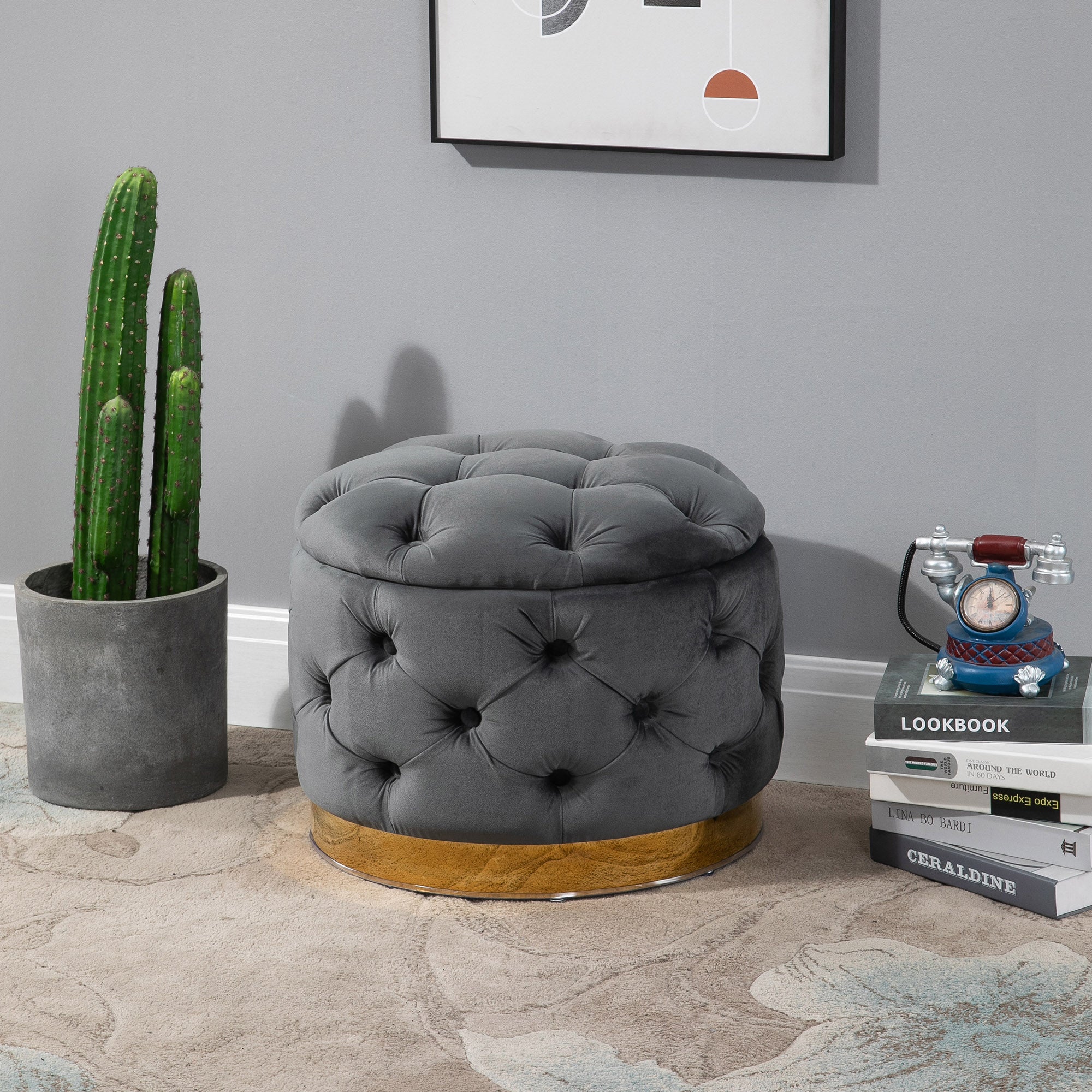 HOMCOM Vintage Hocker, Sitzhocker Truhenbank Fußbank Fußhocker mit Stauraum, Polsterhocker, Metall, Schaumstoff, Kohlegrau, 55 x 55 x 42 cm