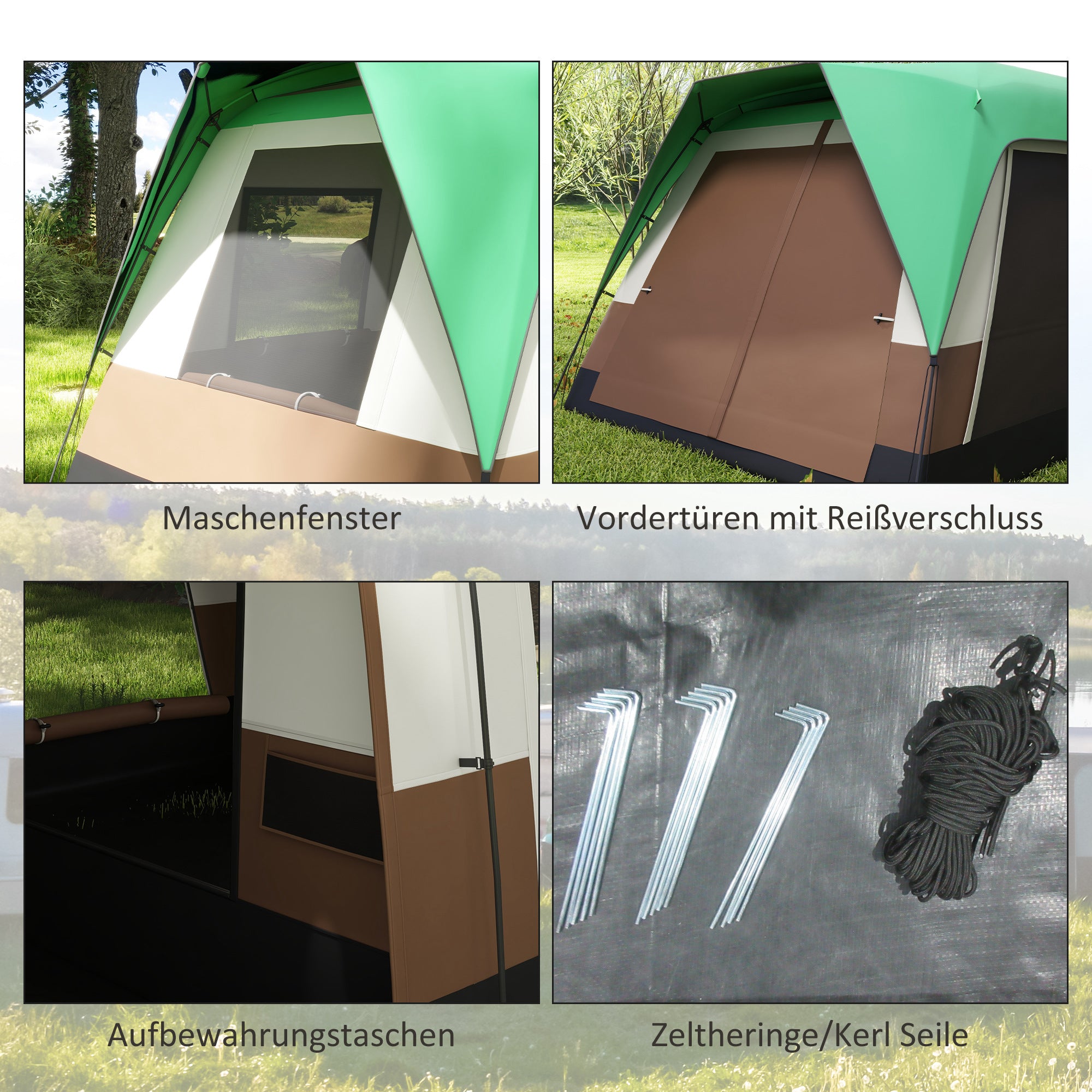 Outsunny Campingzelt für 7-8 Personen, Netzfenster, mit Tragetasche, 4,90 x 3,05 x 2,25 m, Grün