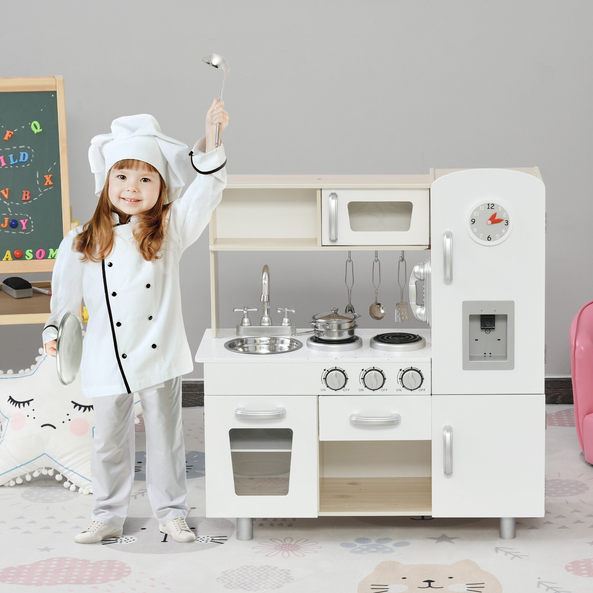 HOMCOM Kinderküche mit Zubehör, Traumküche, Spielküche, Spielzeugküche für Kinder ab 3 Jahren, Kiefer, MDF, Weiß, 74 x 30 x 81 cm