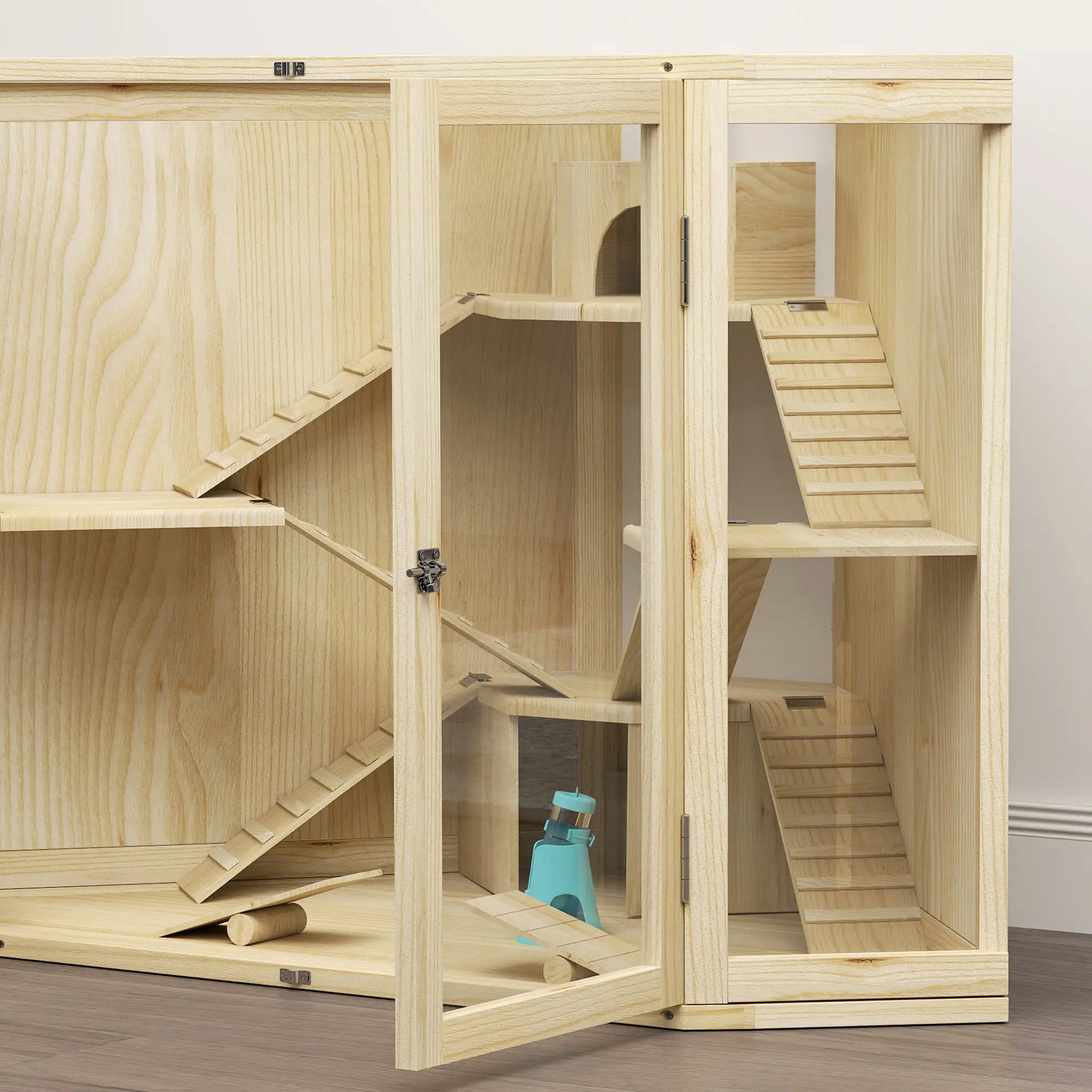 PawHut Hamsterkäfig, 4-Ebenen-Design, mit Fütterungsstation, Wippe, Rampe, Hütten, 115 x 69,5 x 79 cm, Holz