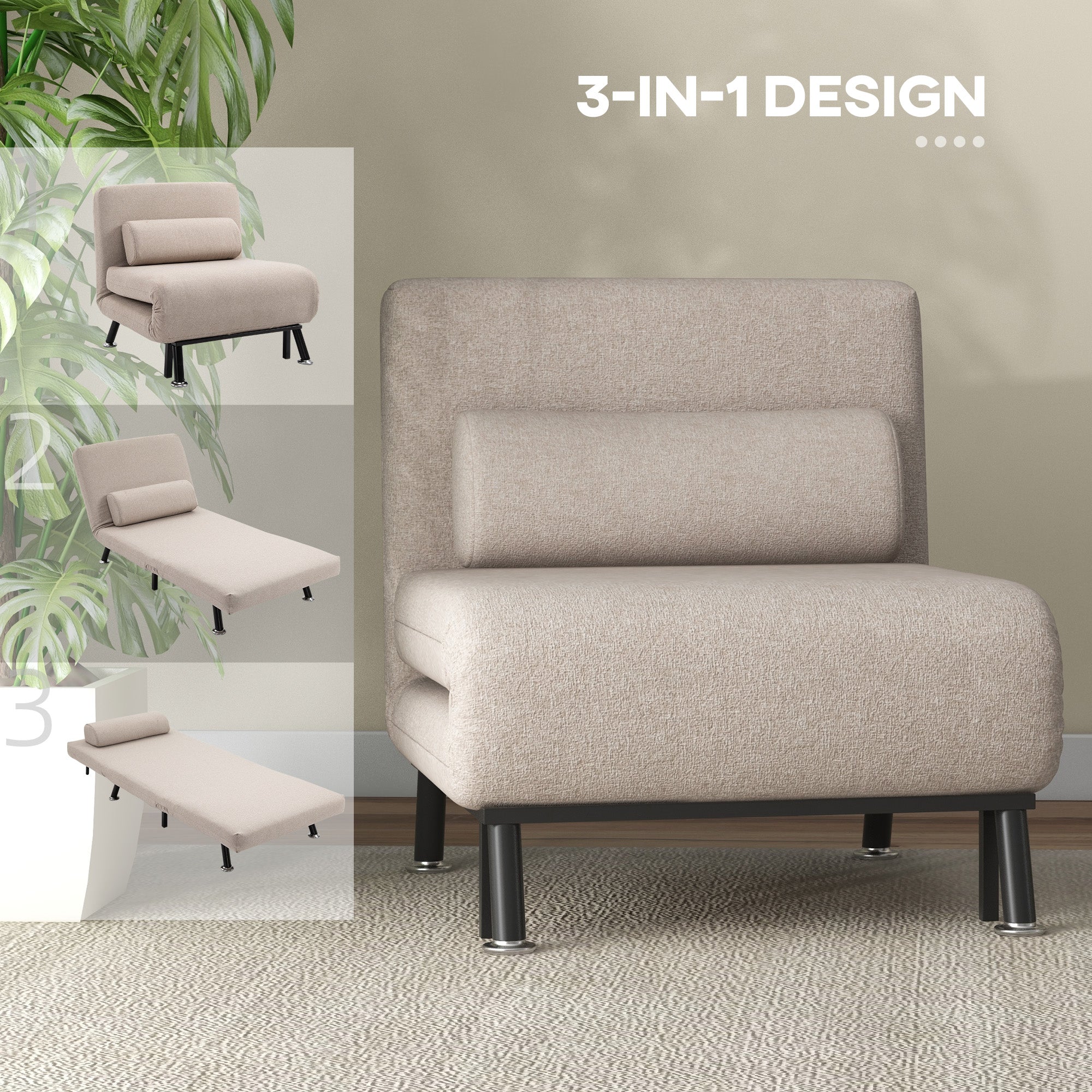 HOMCOM Klappsessel mit Bettfunktion, klappbarer Relaxsessel in Leinenoptik, Verstellbare Rückenlehne, 75 x 70 x 75 cm, Beige