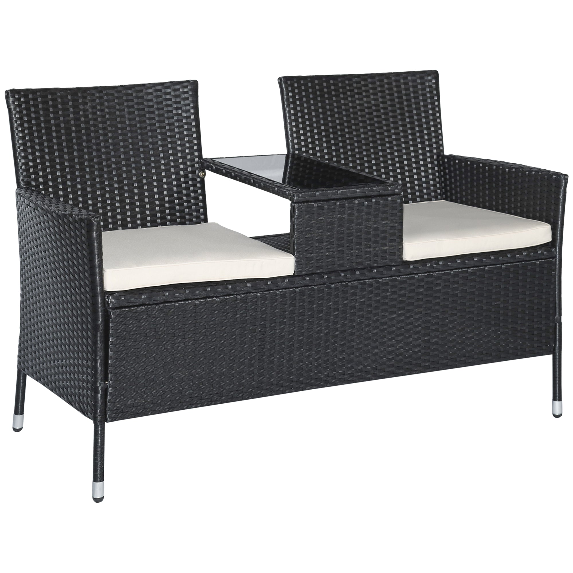 Outsunny Gartenbank Polyrattan 2-Sitzer UV-beständig Sitzbank mit Tisch Kissen Rückenlehne Gartenmöbel Parkbank bis 240kg belastbar Balkonbank für Garten Terrasse Balkon 133x63x84cm, Schwarz