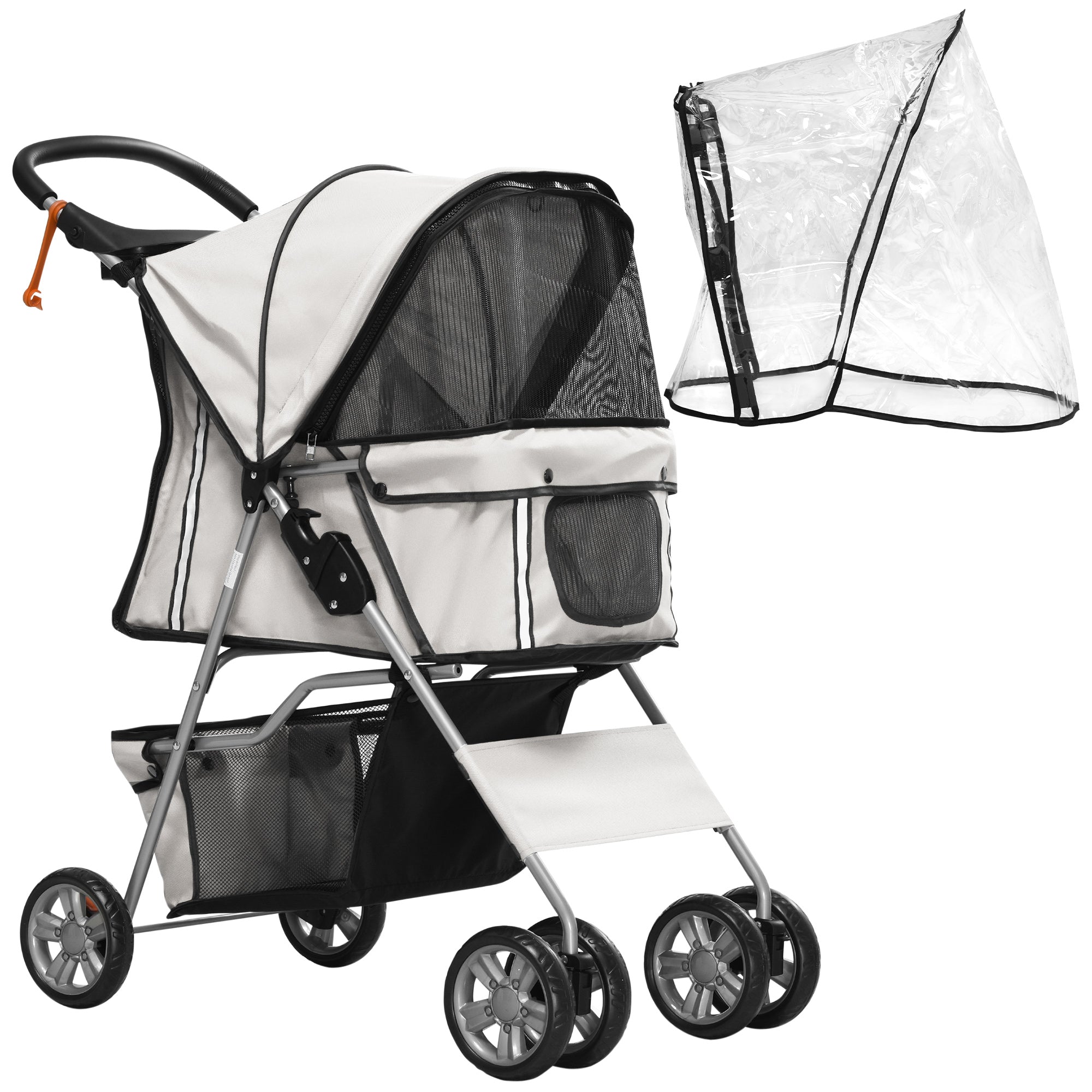 PawHut Hundebuggy Hundewagen bis 10 kg Klappbar Regenschutz Bodenkorb 2 Becherhalter 75 cm x 45 cm x 97 cm Grau