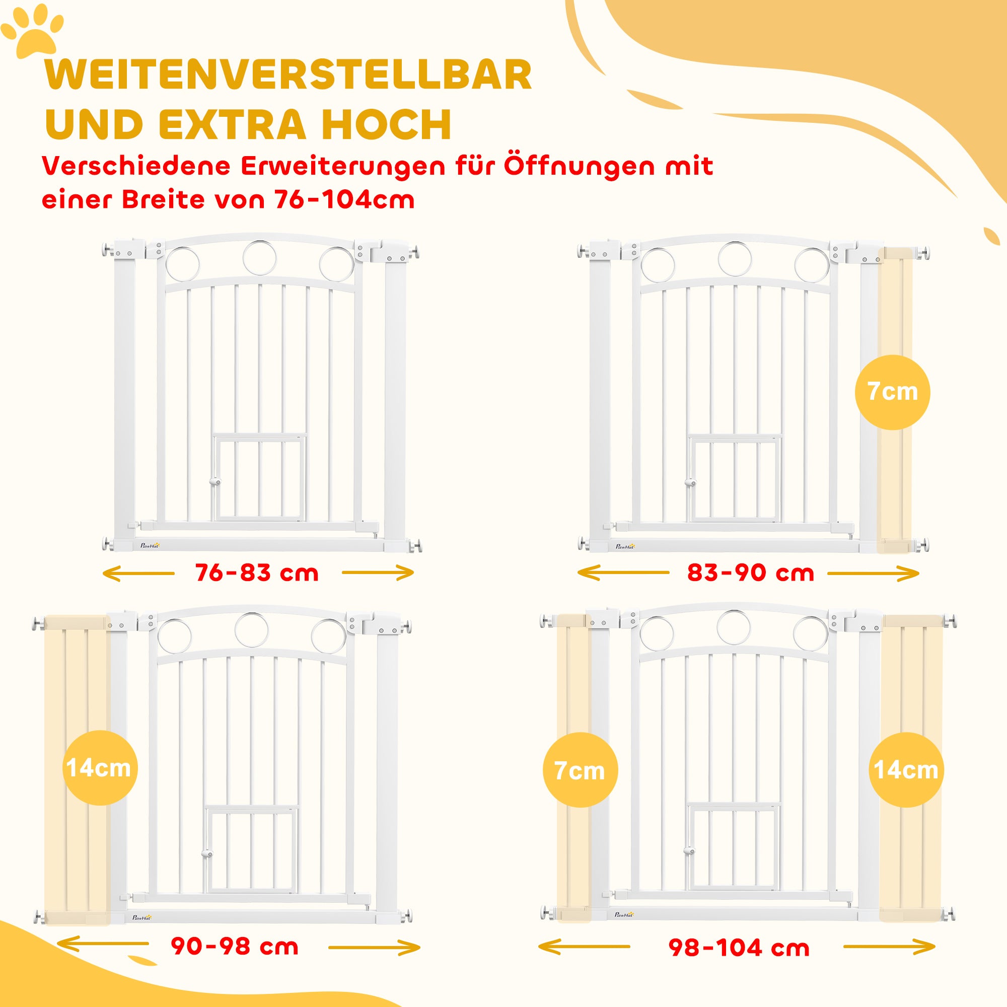 PawHut Haustiertor, 77 cm Treppengatter, verstellbare Breite 76-104 cm, mit Katzentür, für Treppen und Türöffnungen, Weiß