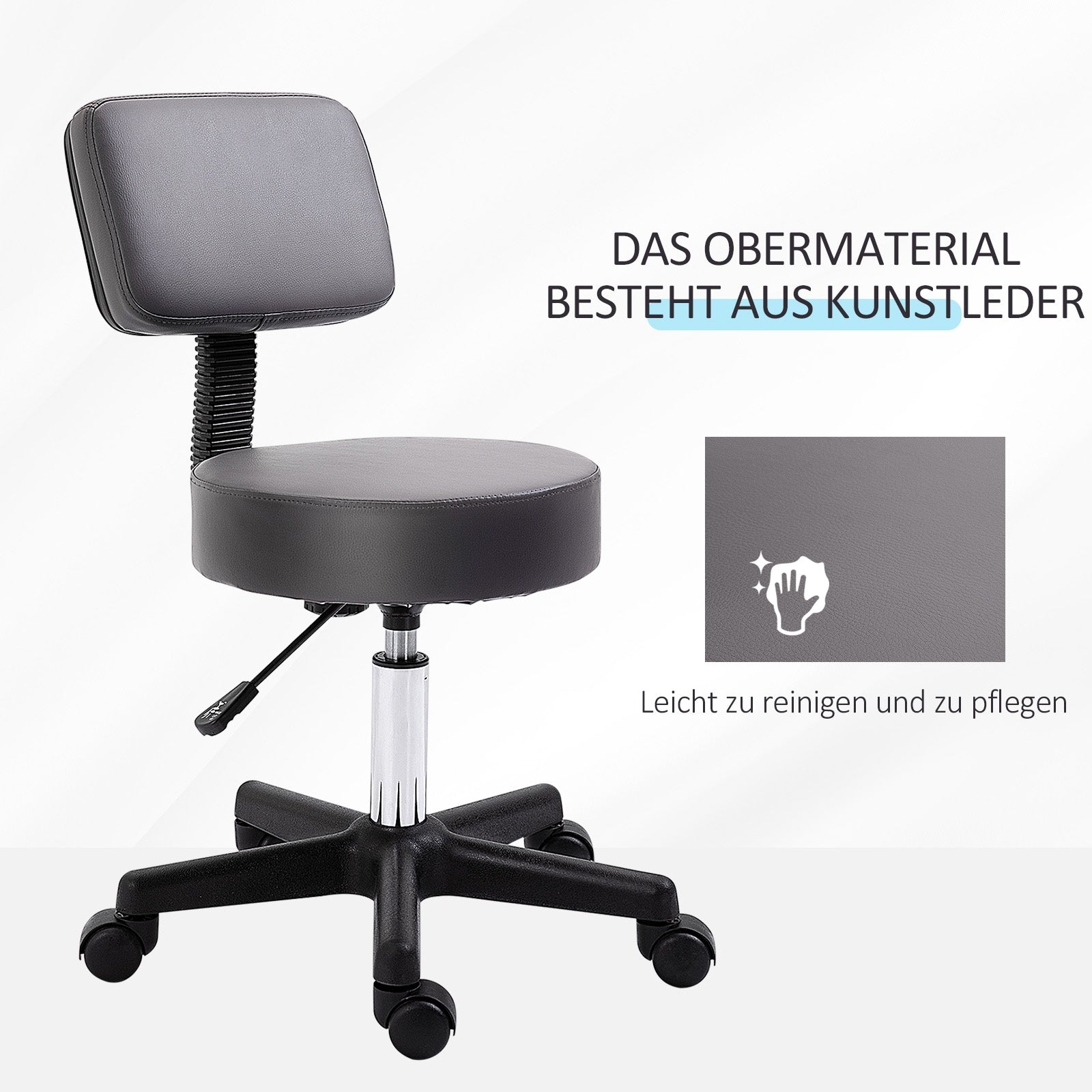 HOMCOM Salonhocker, höhenverstellbar, ergonomisch, 360° drehbar, 5 Rollen, synthetischer Bezug, Grau