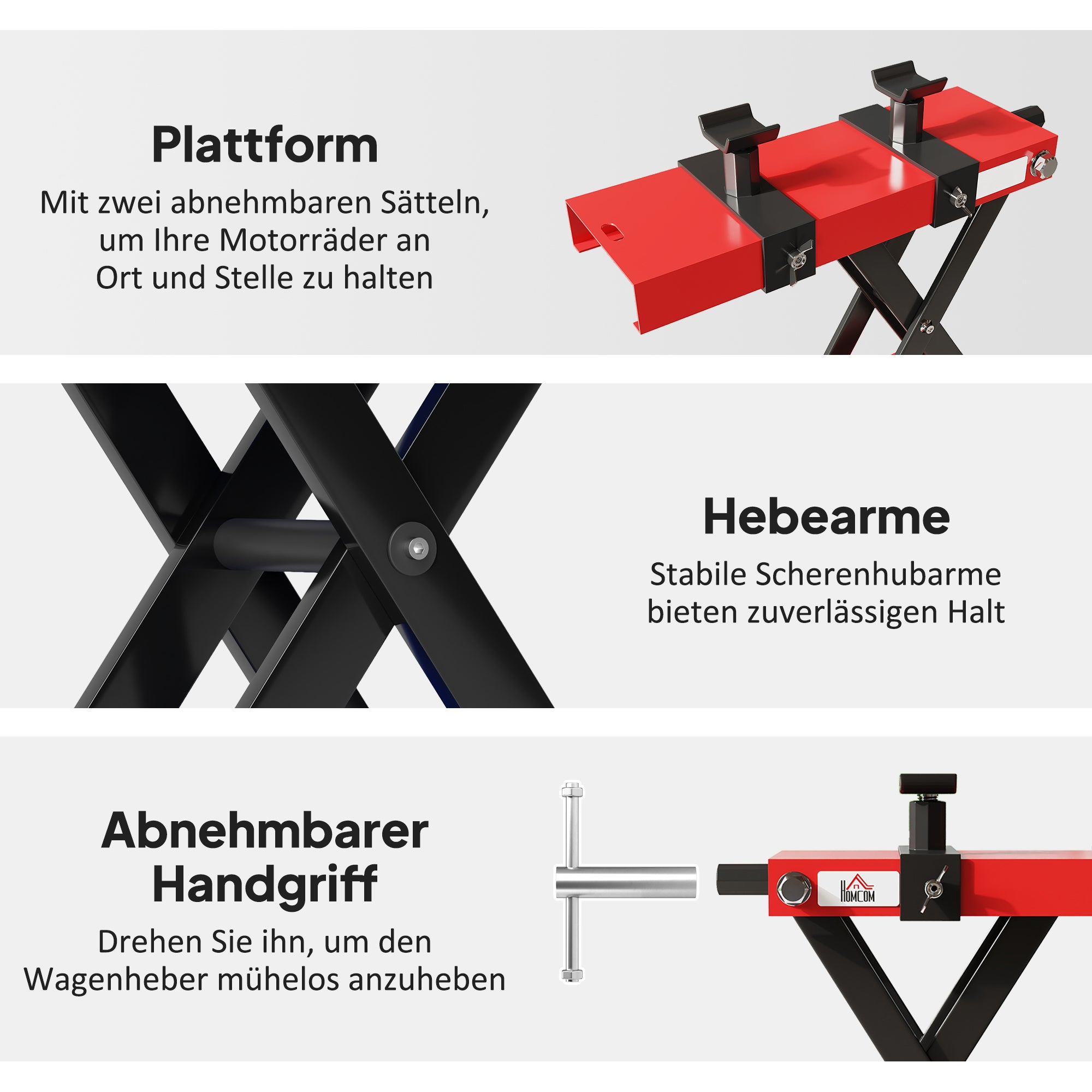 HOMCOM Motorradheber 500 kg Belastbar Motorradhebebühne 95-400 mm Höhenverstellbar 45 x 15 x 9,5-40 cm Rot