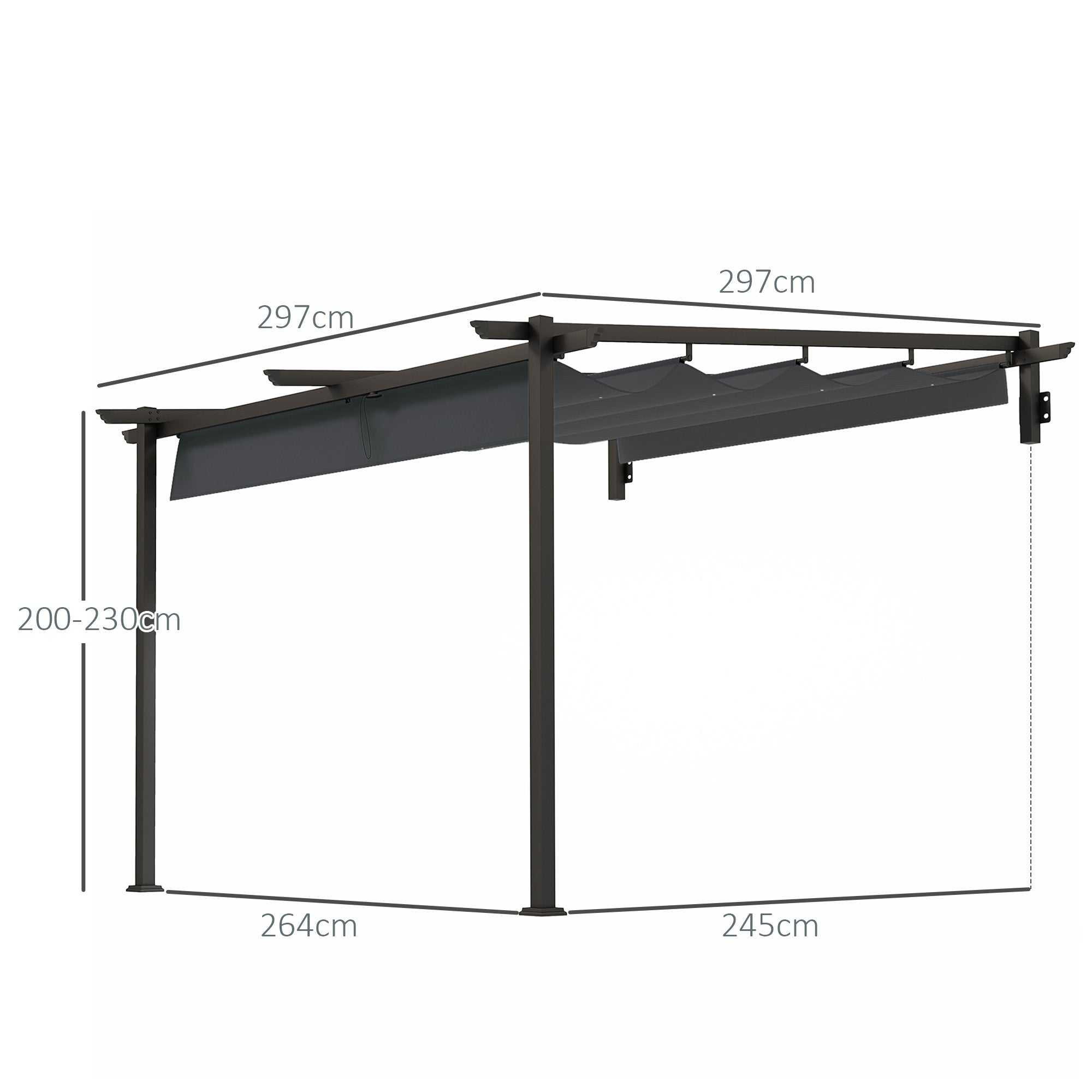 Outsunny Pavillon, 3 x 3 m Pergola, Winddichtes Terrassendach, Wandmontage, Verstellbares Dach, für Garten, Terrasse, Dunkelgrau