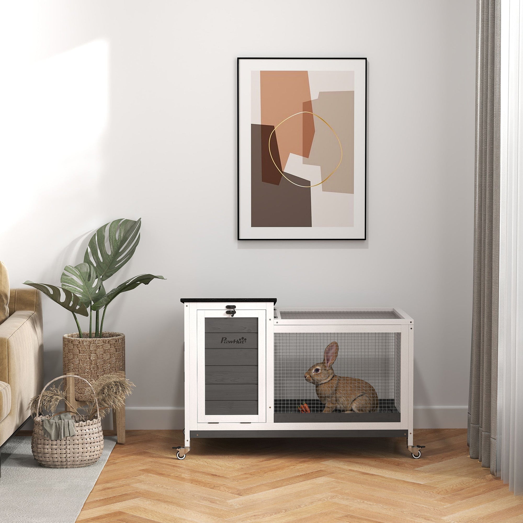 PawHut Kaninchenstall aus Holz Hasenstall mit Freilaufgehege Rädern Klappdach für Innen, draußen 92 x 52 x 67 cm Dunkelgrau