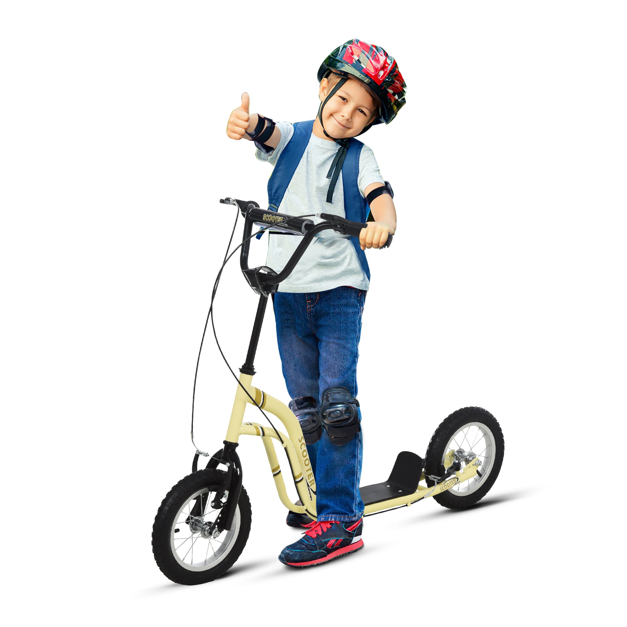 HOMCOM Kinderroller ab 5 Jahre Scooter Kinderscooter Tretroller Cityroller Kinder Roller Kickboard mit Luftreifen 12 Zoll Gummi Aluminium Beige 120 x 58 x 85-95 cm