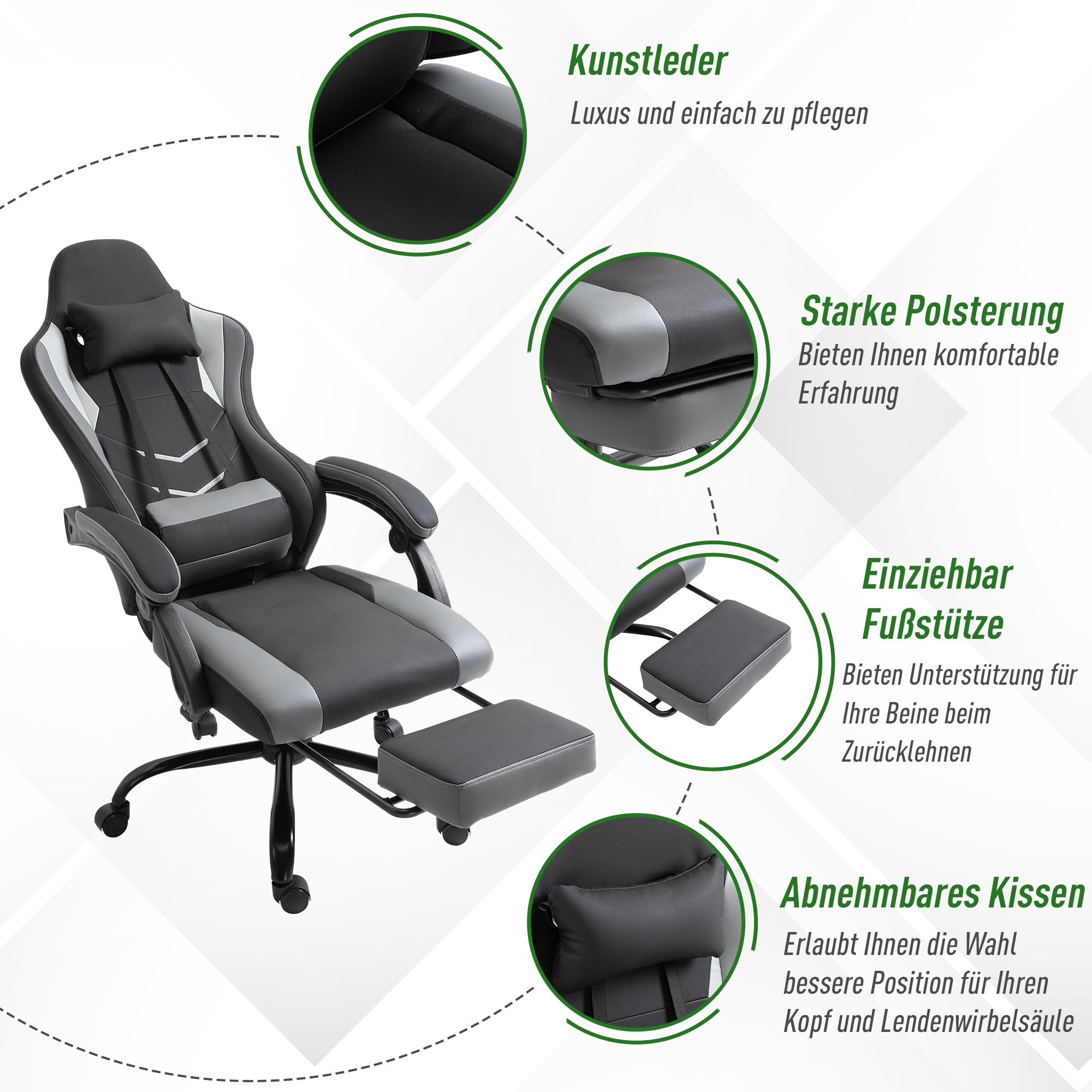 Vinsetto Ergonomischer Gaming Stuhl Bürostuhl Schreibtischstuhl, Drehstuhl Höhenverstellbar, Verstellbares Lendenkissen mit Fußstützen Schwarz 62x52x128 cm