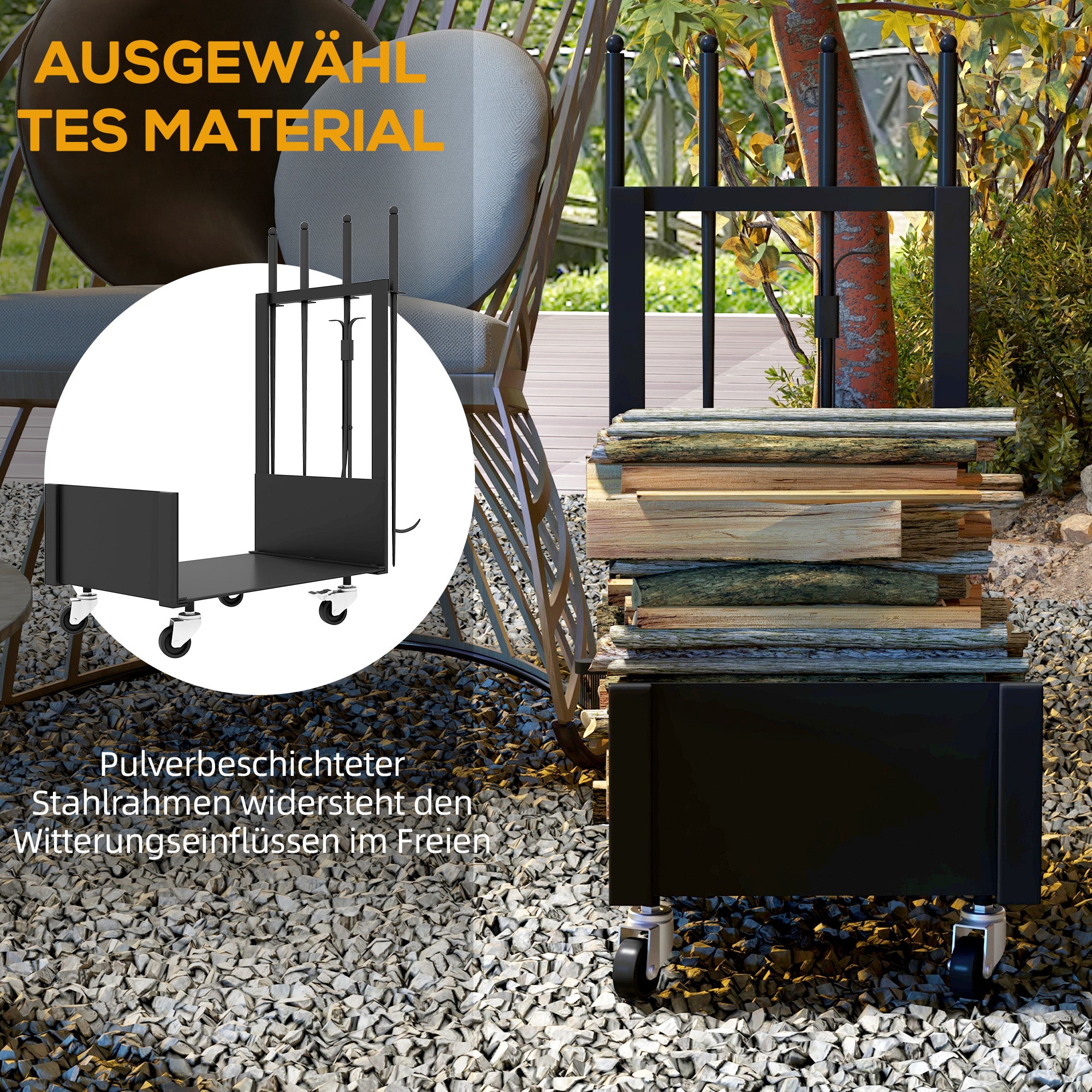 Outsunny Feuerholzgestell mit Rädern, viel Zubehör, Metallrahmen, bis 60 kg, 48 x 30 x 76 cm, Schwarz
