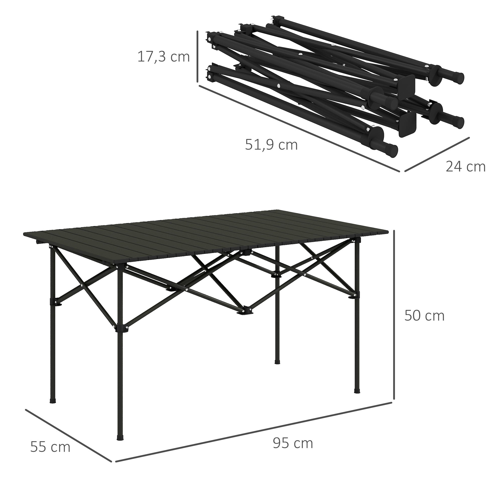 Outsunny Campingtisch Klapptisch mit Aufrollbare Tischplatte Gartentisch aus Aluminium 2 Personen 95 x 55cm Schwarz