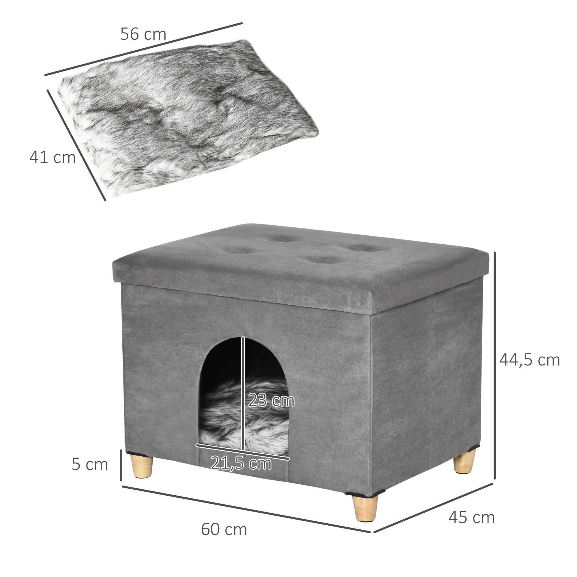 PawHut 2-IN-1 Katzenhöhle Fußhocker mit Kissen Holzbeine Katzenhaus Katzenkorb weich gepolstert Ottomane elegantes Design abnehmbar MDF Plüsch Grau 60 x 45 x 44,5 cm