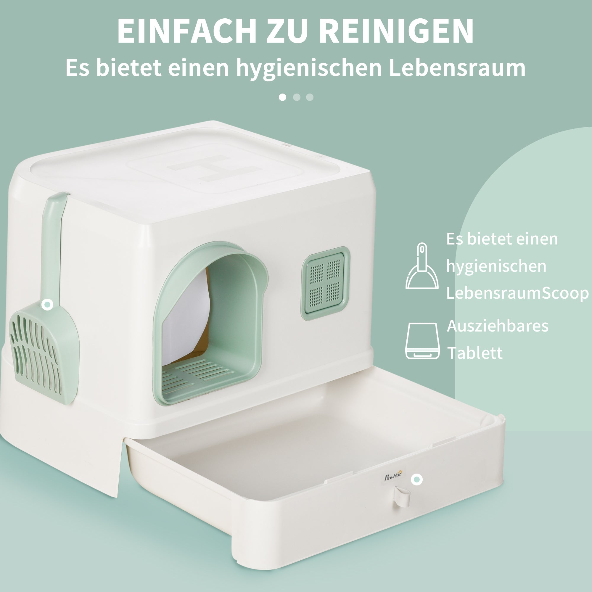 PawHut Katzentoilette mit Abdeckung, 1 Streuschaufel, herausnehmbare Bodenwanne, 50 cm x 40 cm x 40 cm, Mintgrün + Weiß