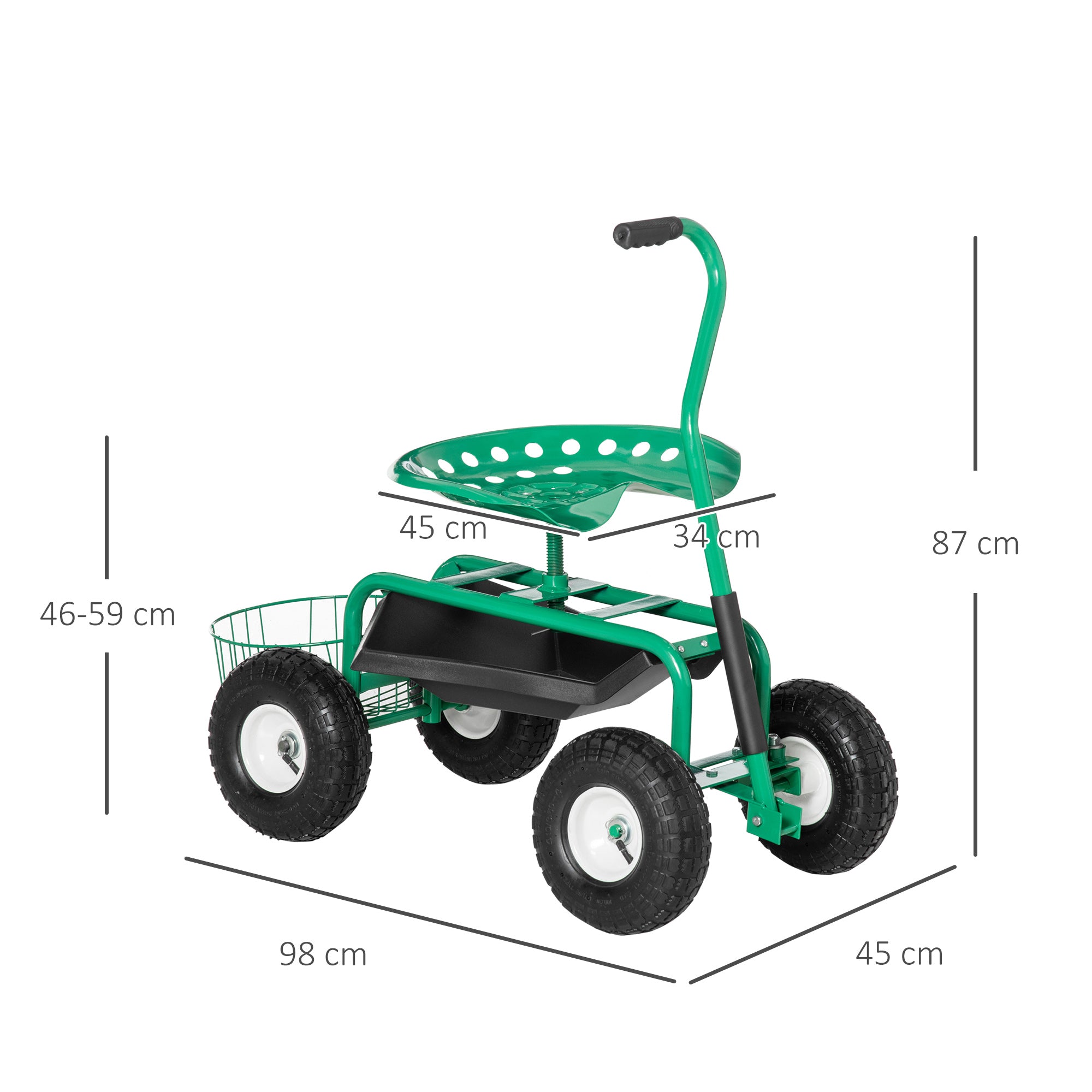Outsunny Gartenwagen mit Rollsitz bis 150 kg mit Ablage Korb für kleine Gartengeräte Werkstattwagen fahrbar Gartensitz Richtung steuerbar Sitzhöhe 46-59 cm höhenverstellbar Metall Gummi Grün