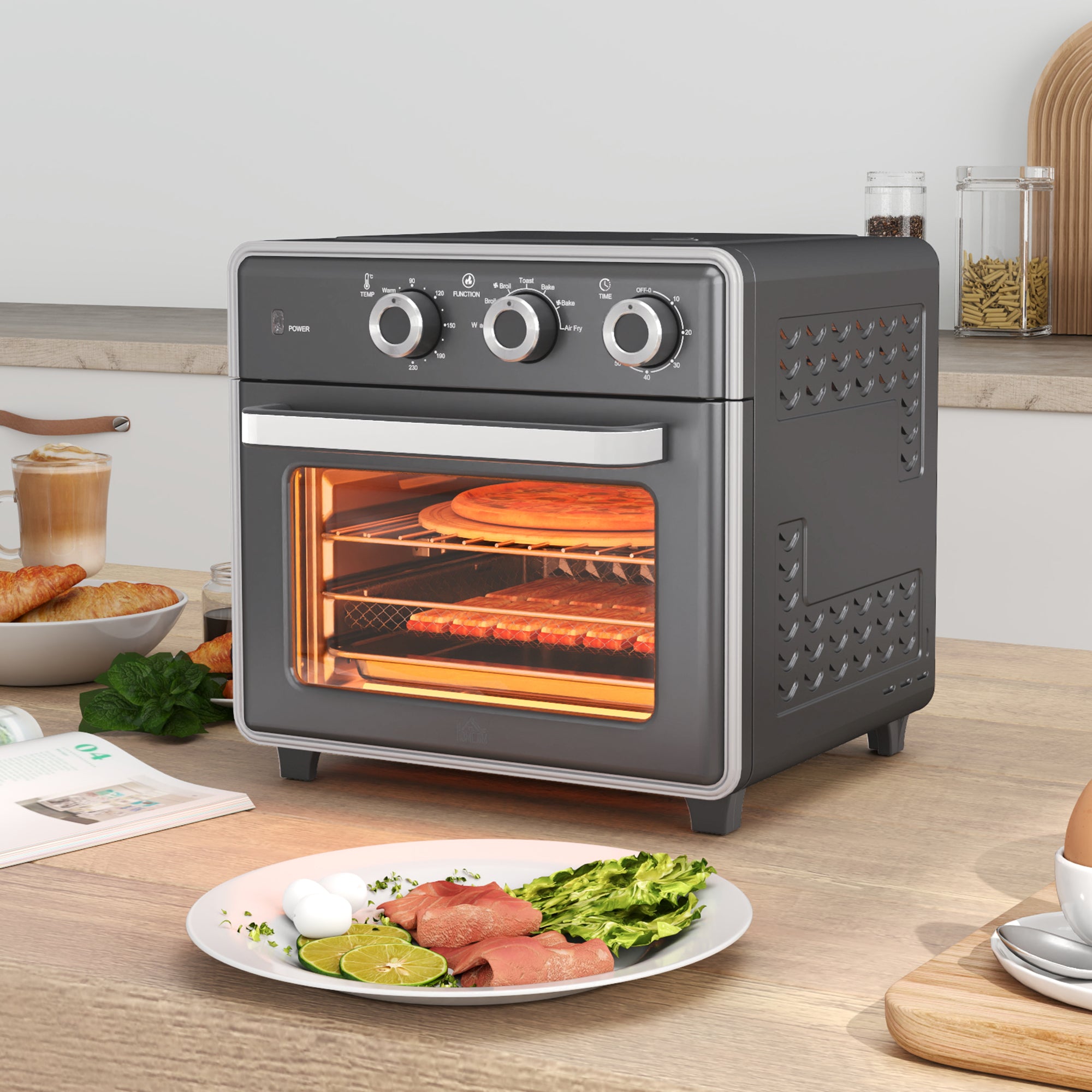 HOMCOM Minibackofen, 20L, 5 Funktionen, 360° Heißluft, Grillrost, Krümelblech, Grau