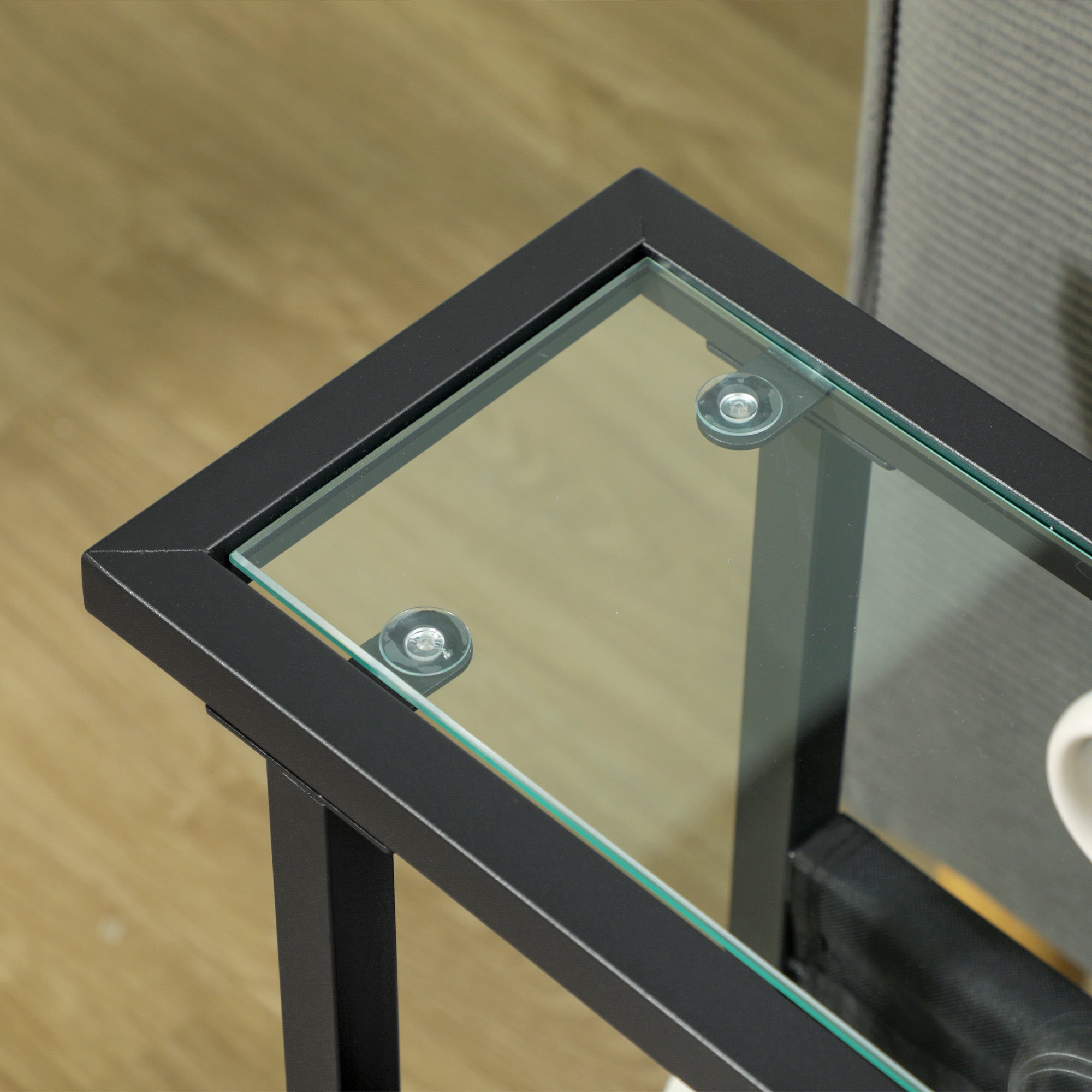 HOMCOM Beistelltisch aus Metall mit Stofftasche und Glasplatte, schmaler Tisch für Wohnzimmer, Schlafzimmer, Schwarz