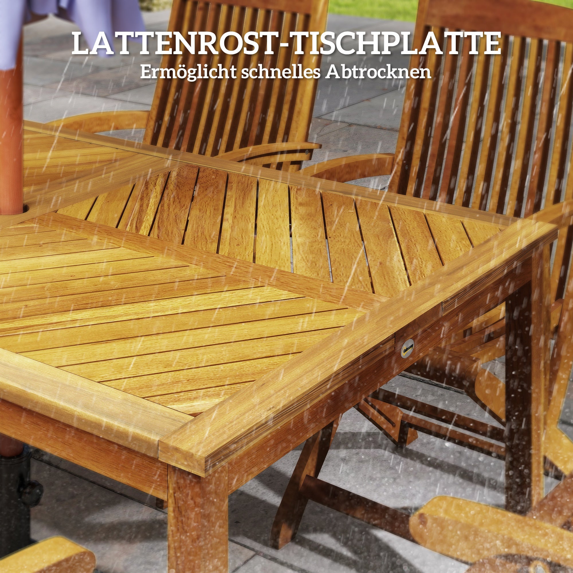 Outsunny Gartentisch 150x85cm, Wetterfest Balkontisch aus Holz, 6 Personen mit Schirmloch, Lamellendesign Naturholz