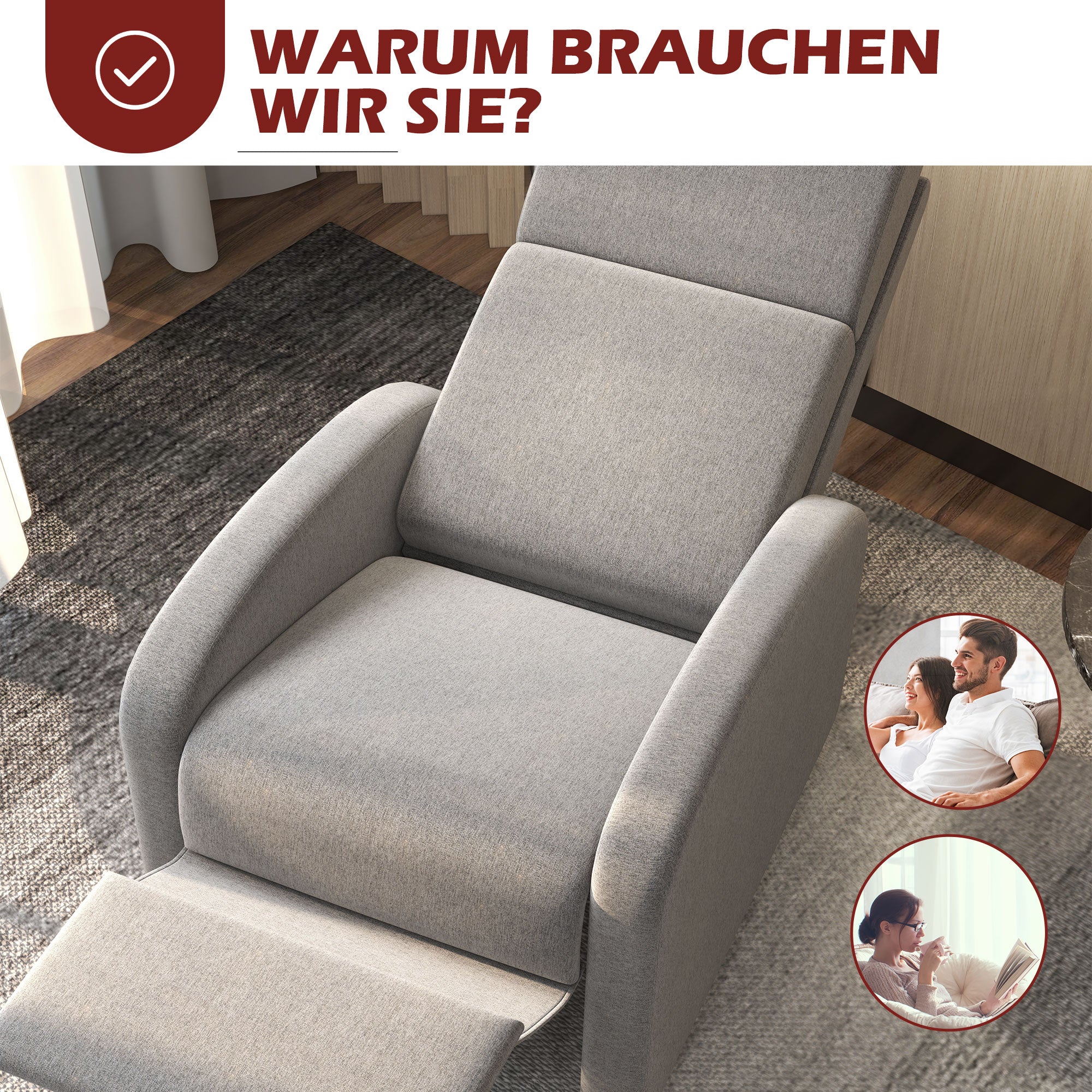 HOMCOM Relaxsessel Fernsehsessel, ausklappbare Fußstütze, neigbar bis zu 160°, 64 x 86 x 102 cm, Grau