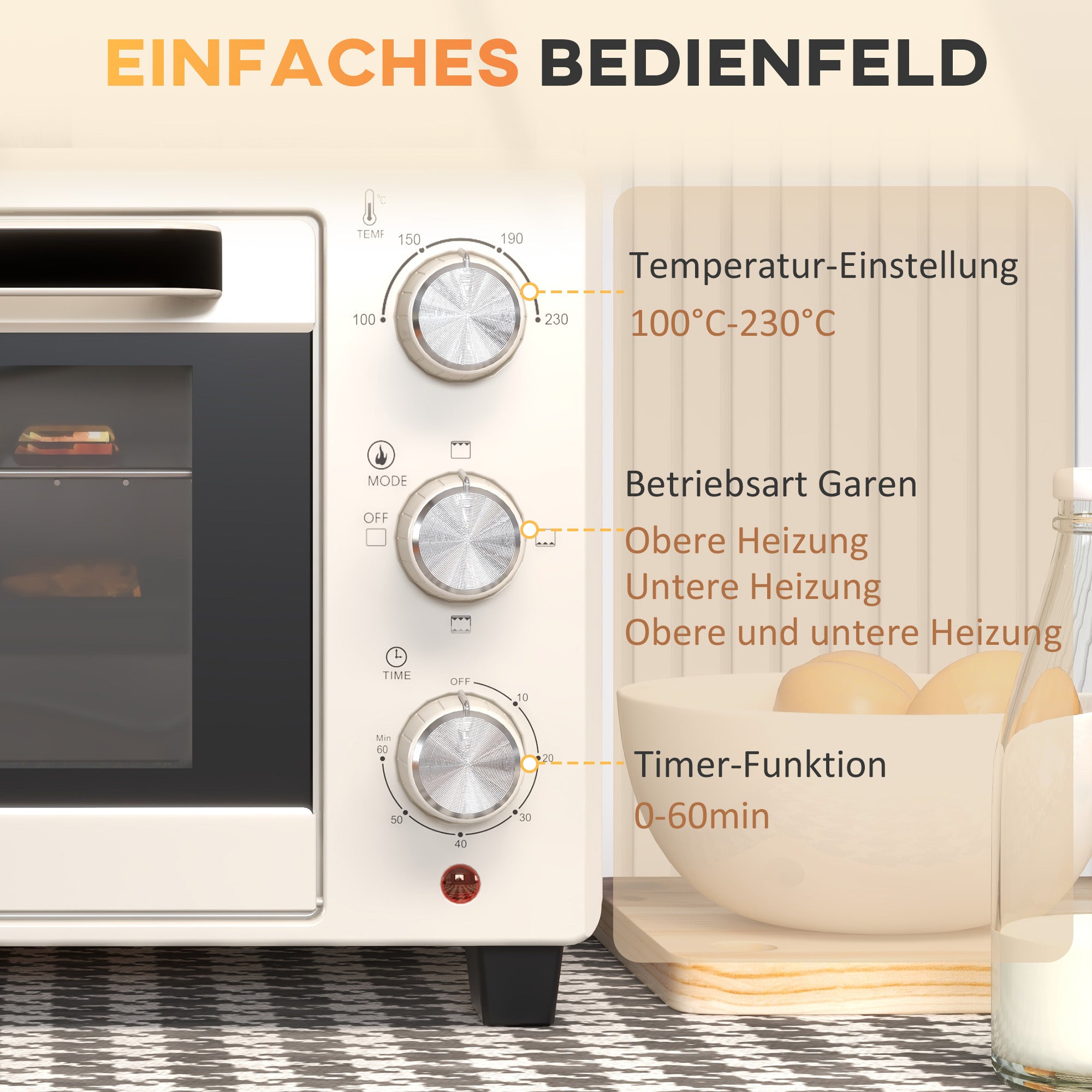 HOMCOM Minibackofen, Backofen kleine 21 L Toasterofen mit 1 Drahtgestell und 1 Backblech, 3 Kochmodi, 100 °C-230 °C, Edelstahl, Glas, Cremeweiß