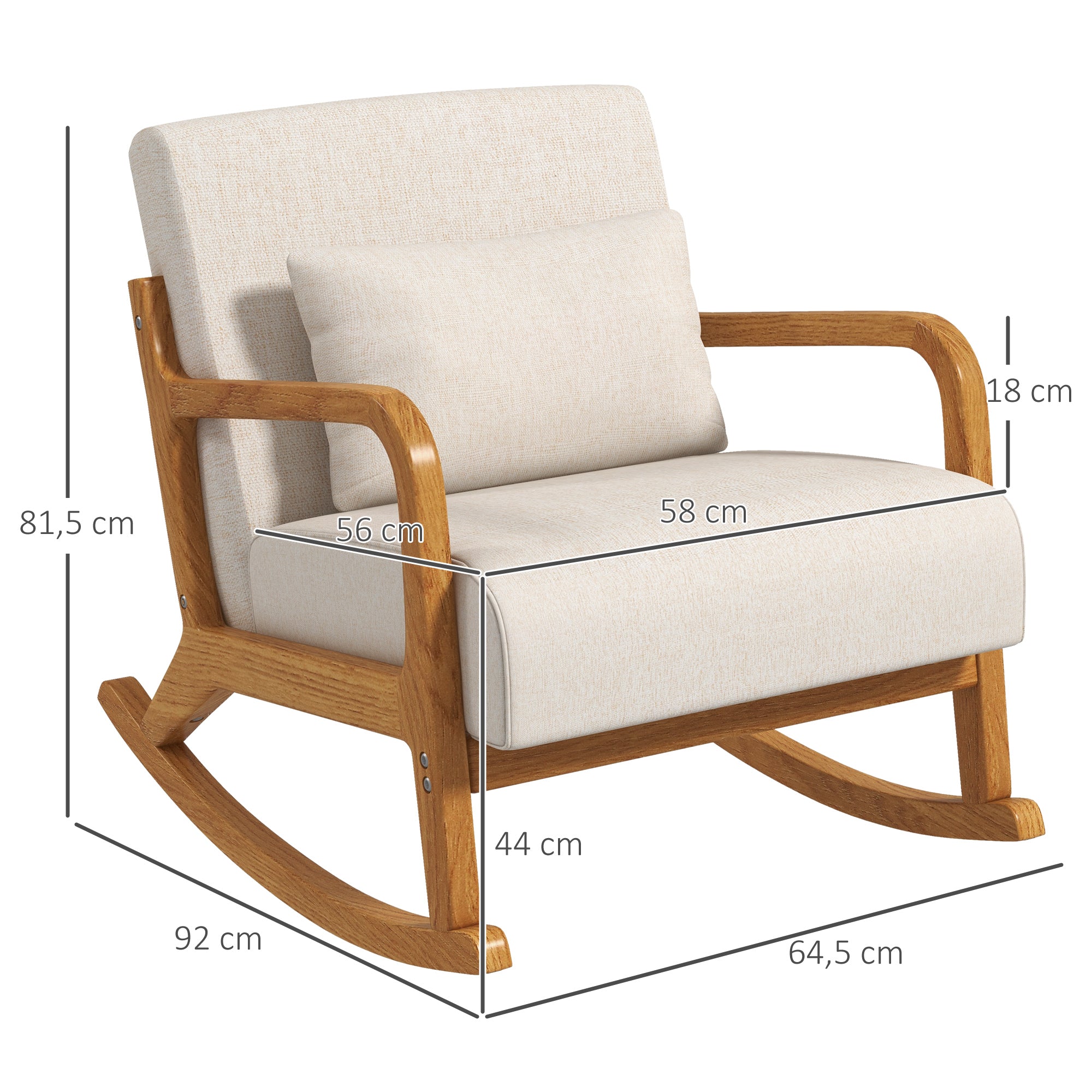 HOMCOM Schaukelstuhl im Retrodesign, Gummibaumholz, 64,5 cm x 92 cm x 81, 5 cm, Beige + Braun
