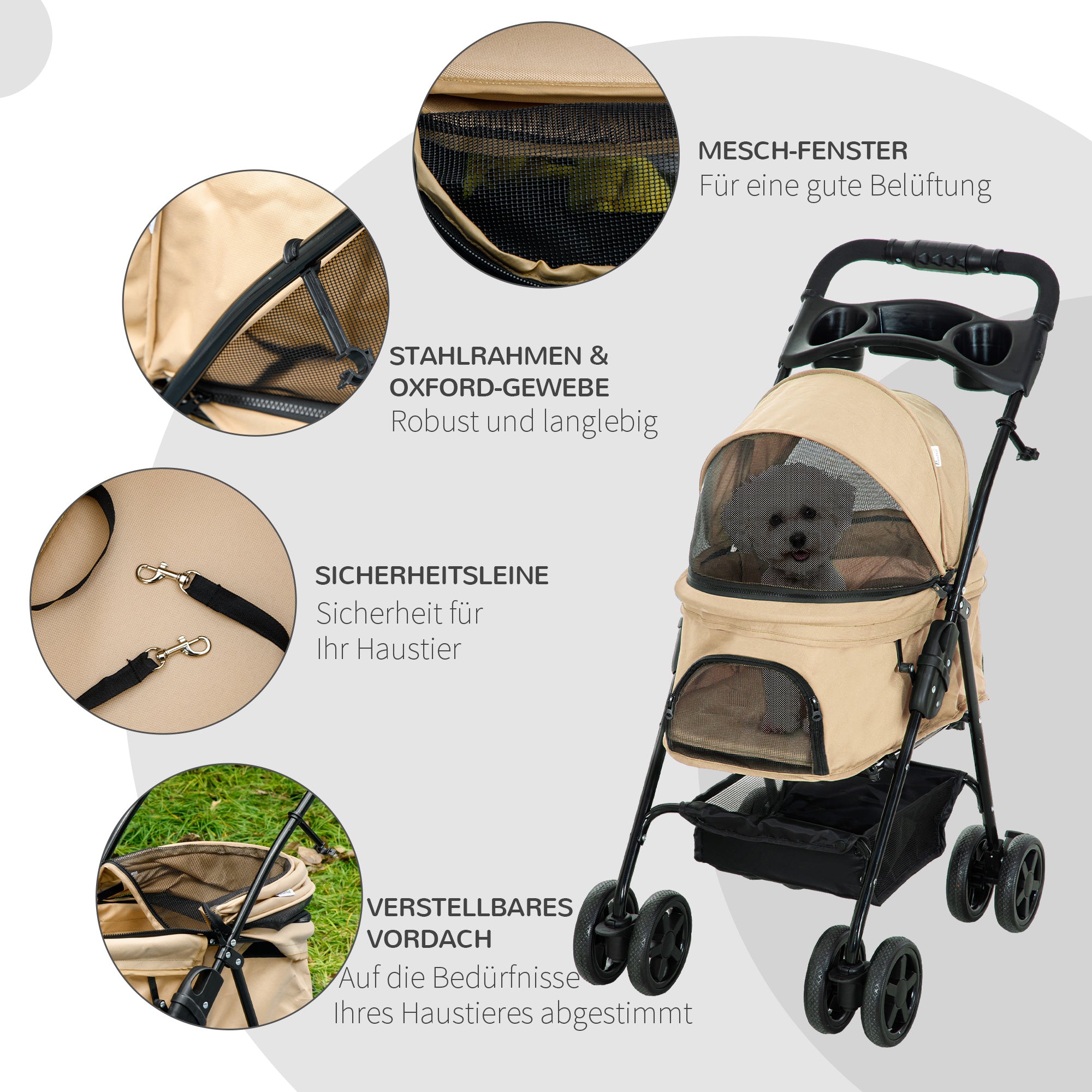 PawHut Hundewagen Hundebuggy, klappbar, 2 Sicherheitsleinen, 2 Becherhalter, 67 x 45 x 96 cm, Khaki