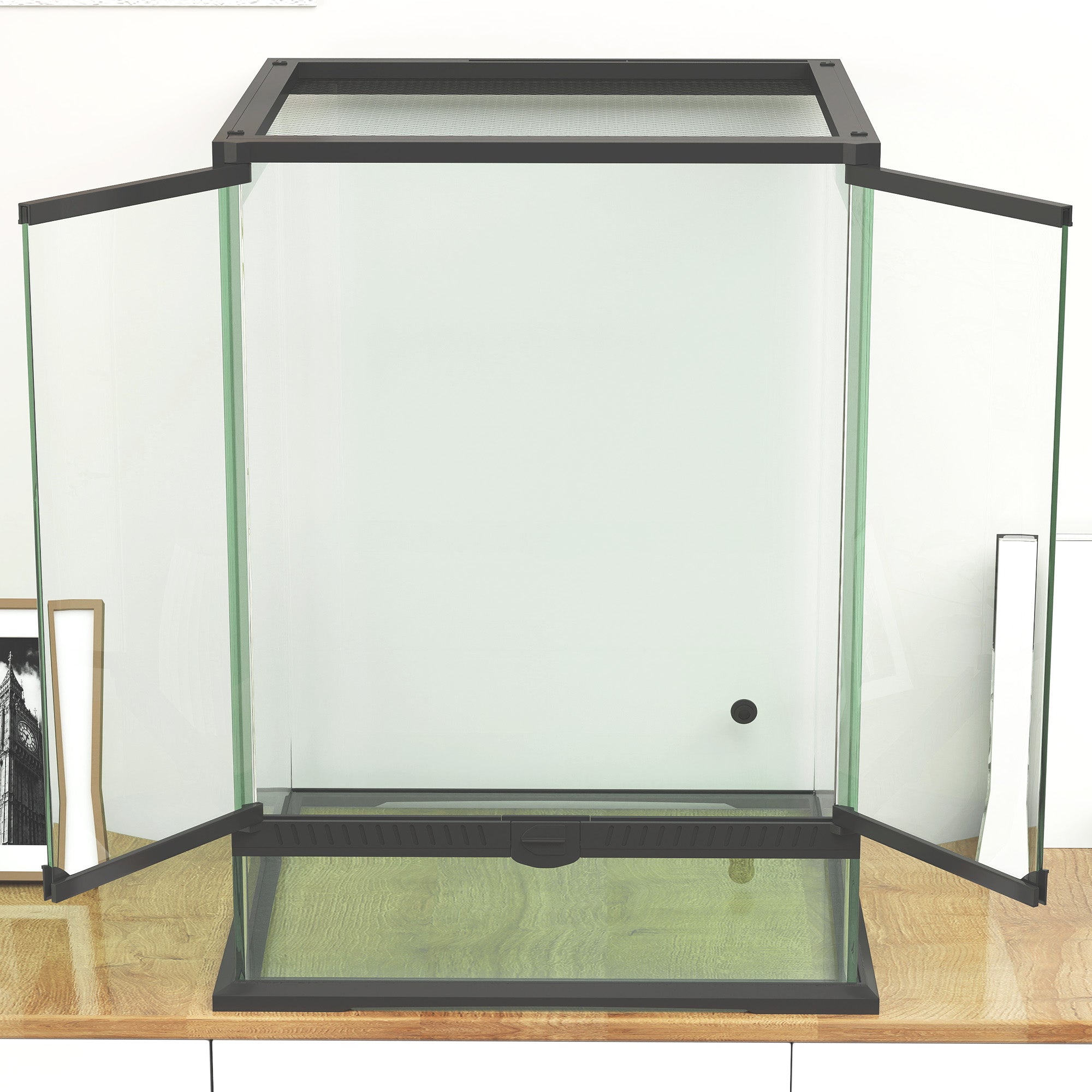 PawHut Terrarium, Glasgehäuse, verriegelbar, Kabelmanagement, 45x45x60cm, Schwarz