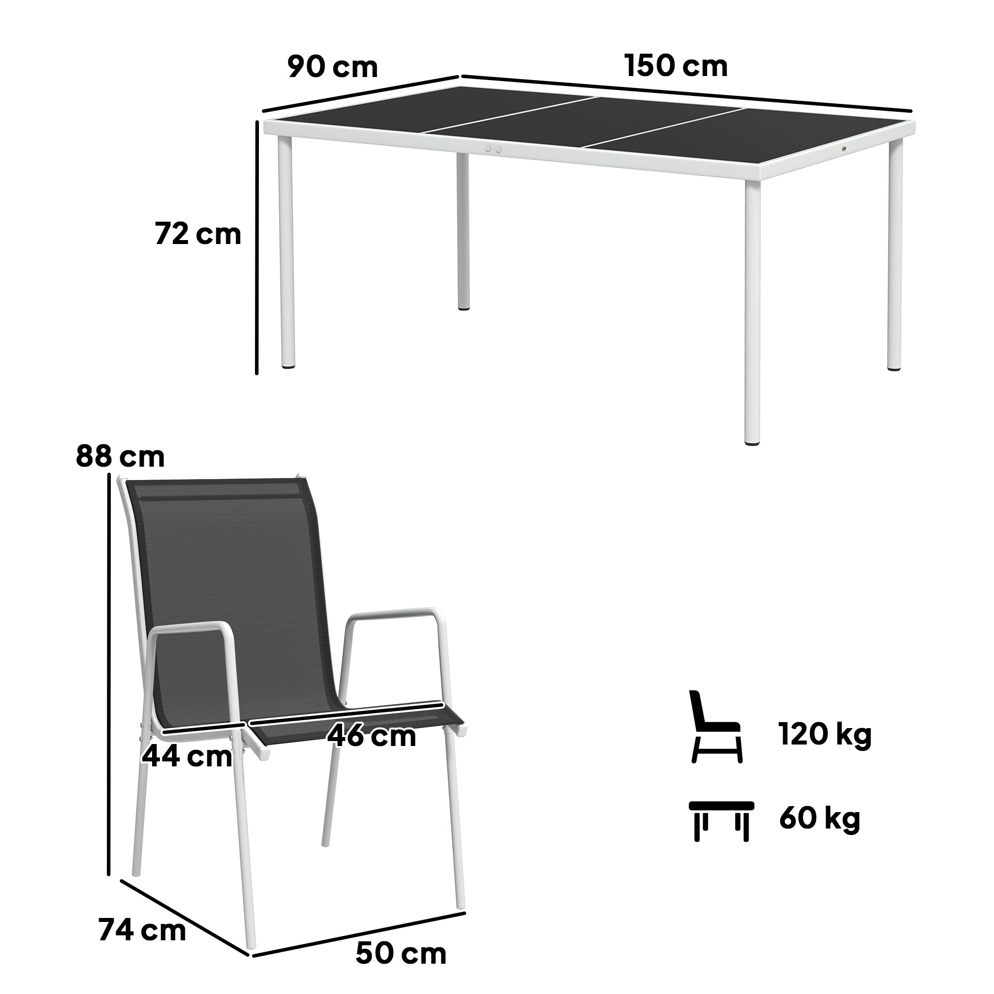 Outsunny Sitzgruppe 7-teilig Essgruppe für 6 Personen Esstisch mit 6 stapelbar Stühlen Glastisch Schwarz