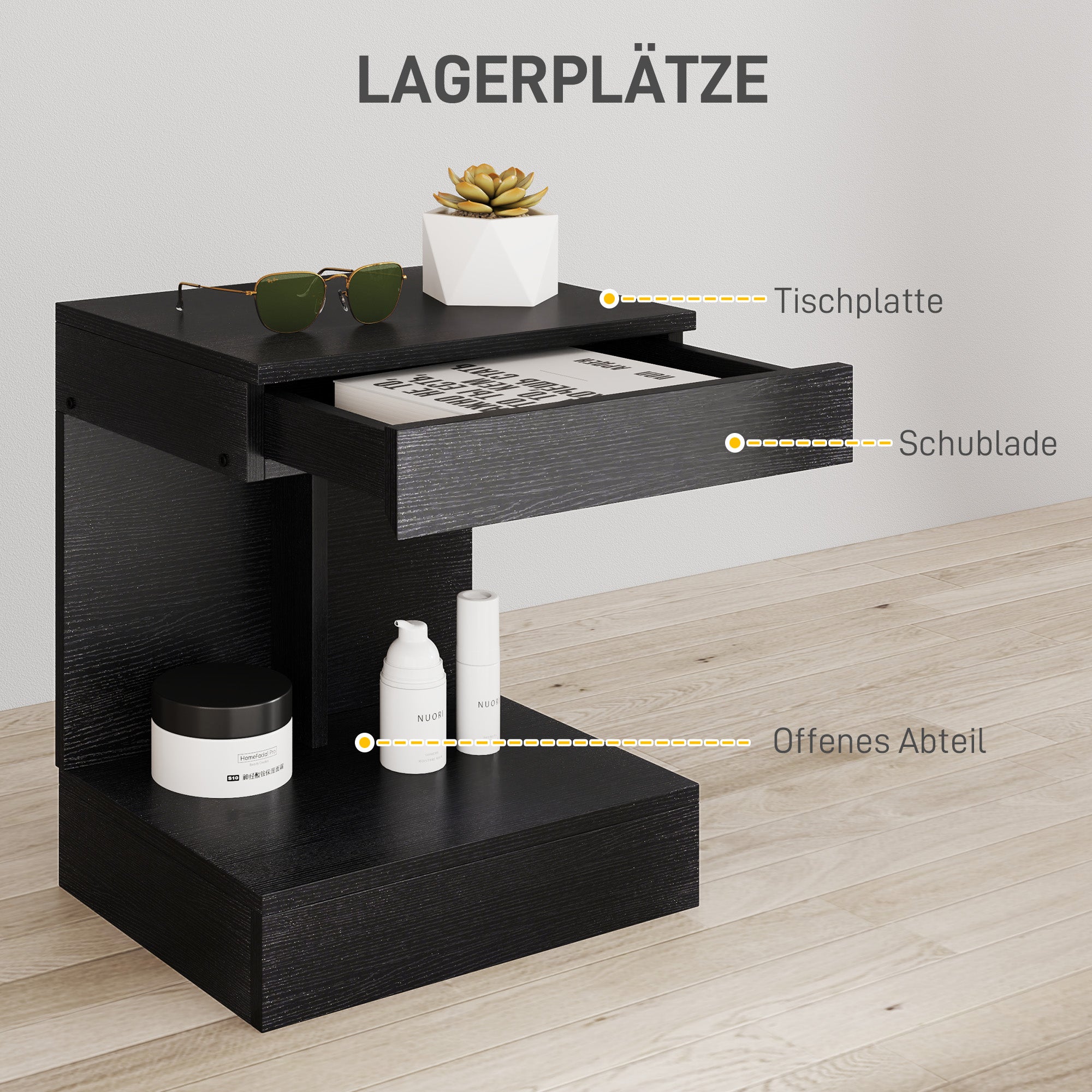 HOMCOM Nachttisch, Beistelltisch mit Schublade und Ablagefach, Moderner Sofatisch mit Regal für verschiedene Räume, Schwarz