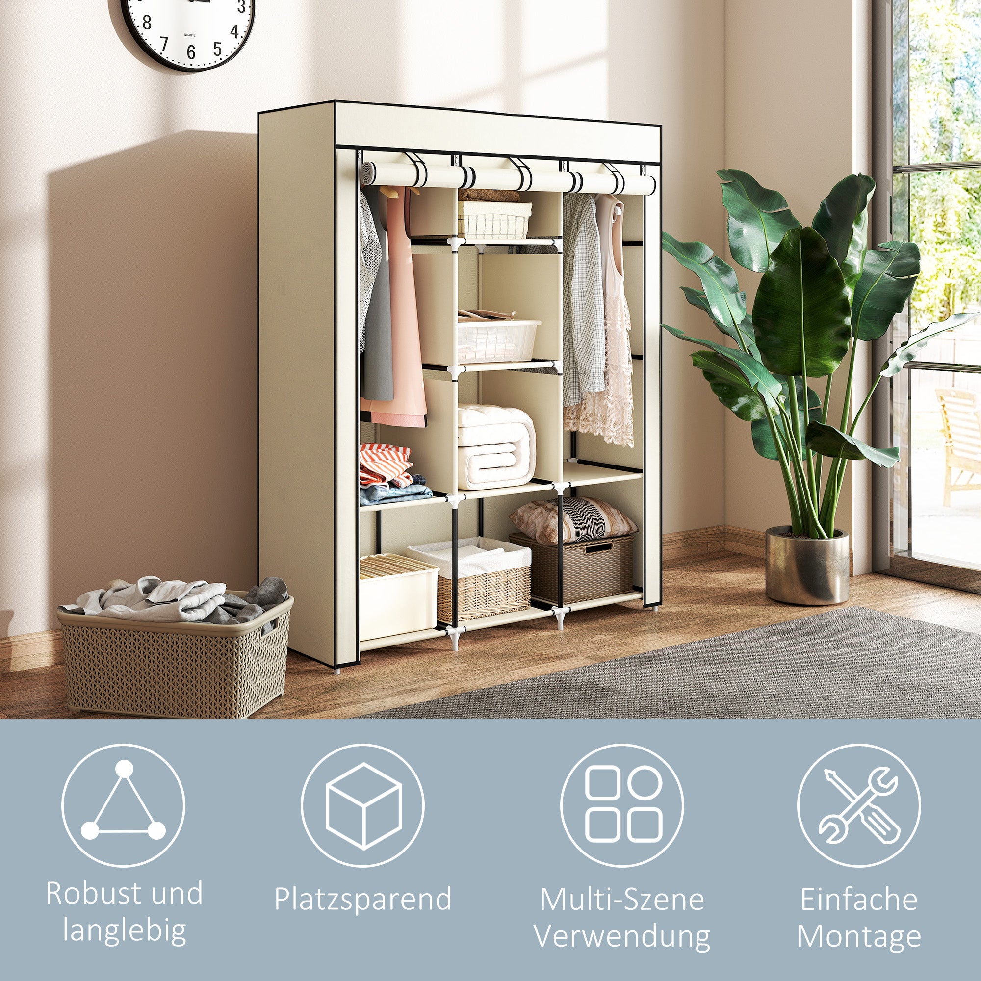 HOMCOM Schrank aus Stoff, Aufbewahrungslösung, 8 Regale, 2 Kleiderstangen, Cremeweiß