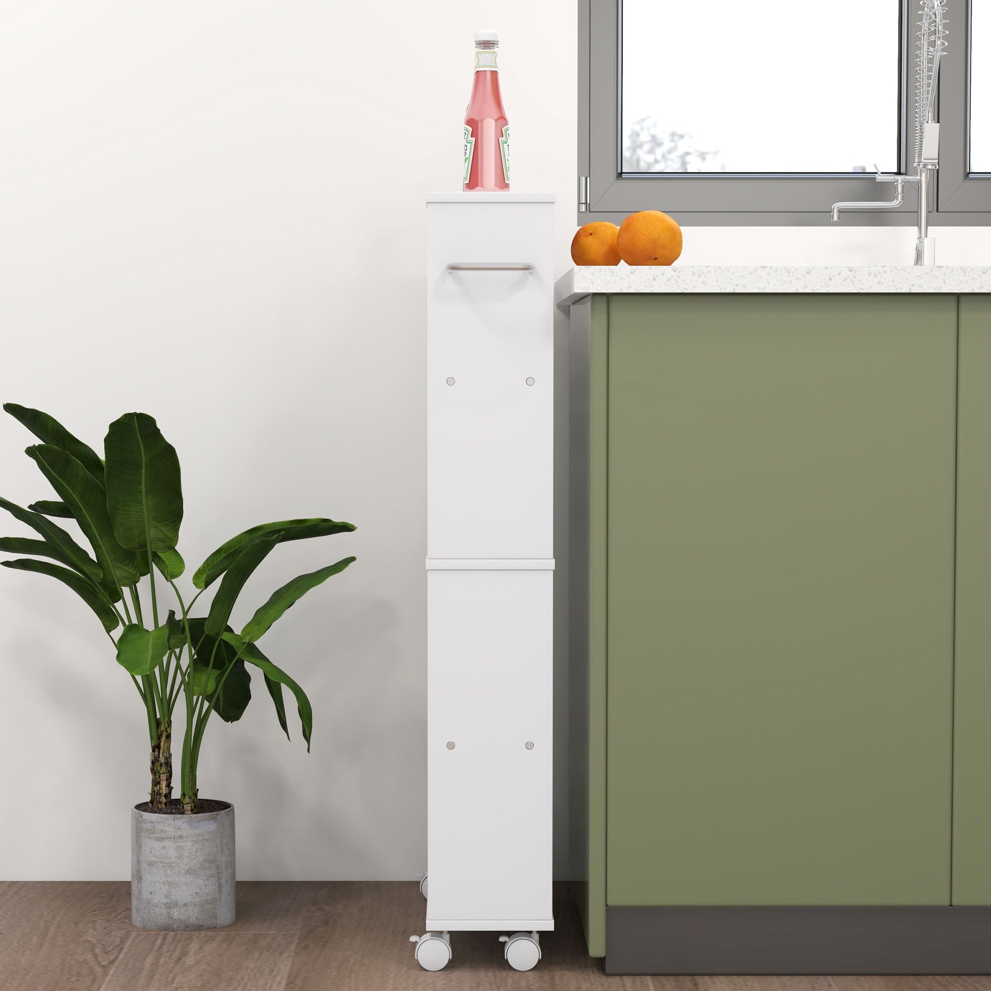 HOMCOM Multifunktionsregal mit Rollen, schmale Bauweise, 4 Fächer, 45x15x91 cm, Weiß