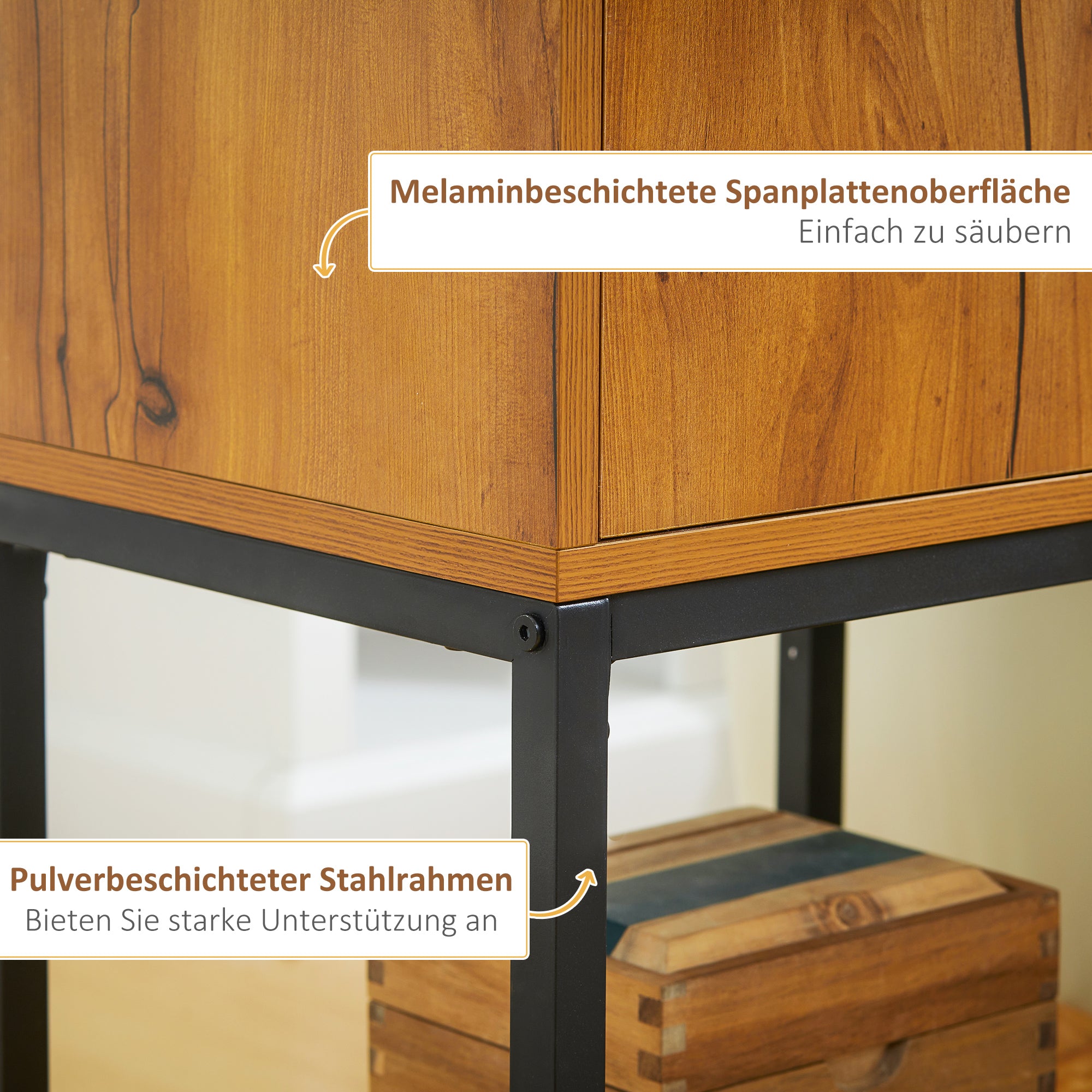 HOMCOM Konsolentisch im Industiriedesign, Beistelltisch, Sideboard, 1 Schrank, Braun + Schwarz