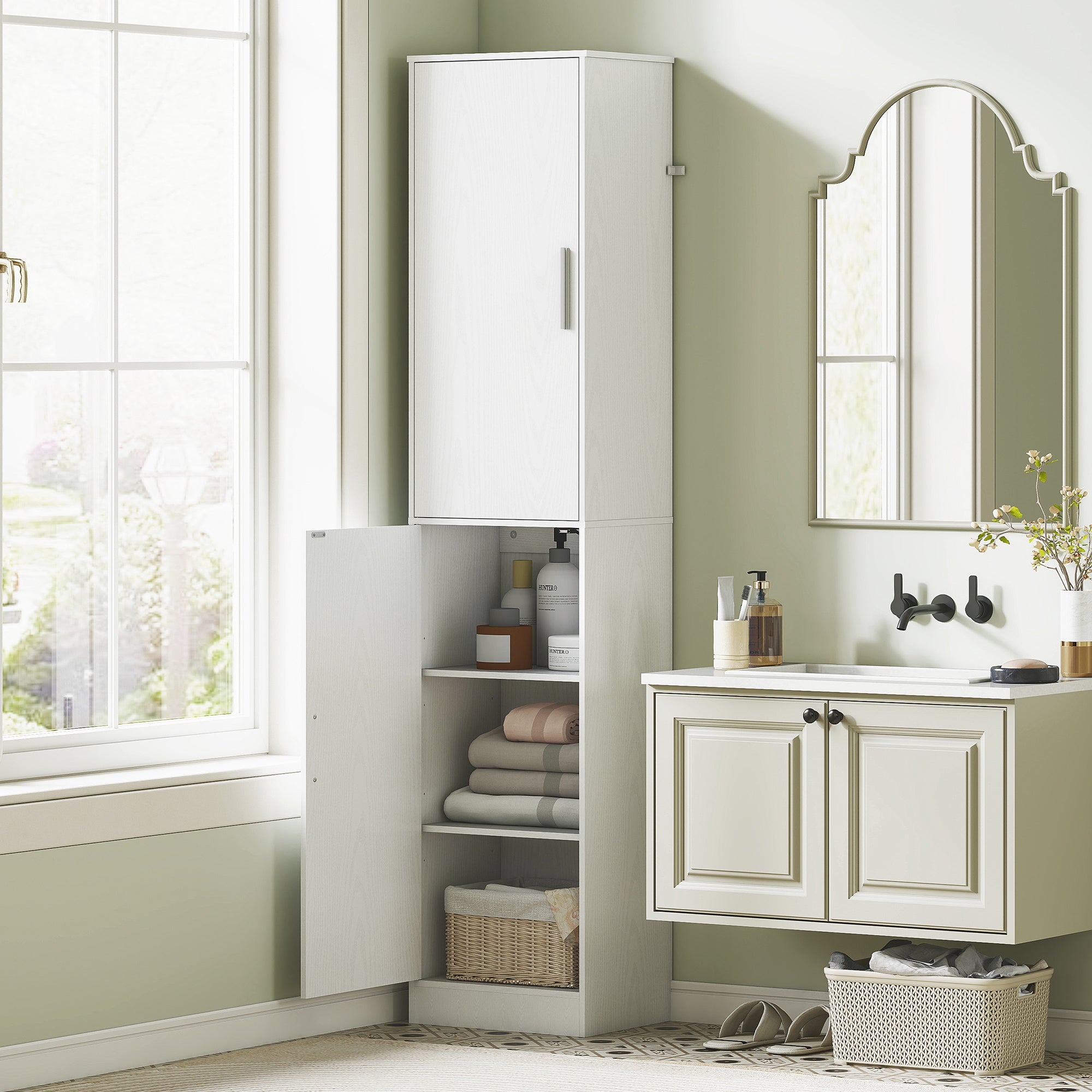 HOMCOM 180 cm hoher Badezimmerschrank, schmaler Badschrank mit 2 Türen, 4 verstellbare Regale, Spanplatte, MDF, Weiß