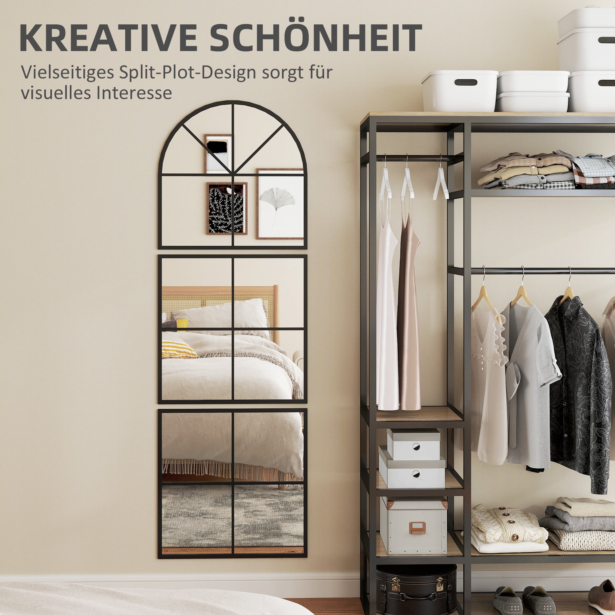 HOMCOM Wandspiegel dreiteilig, bogenförmiger Spiegel mit Metallrahmen, dekorativ 60 x 2 x 180 cm Schwarz