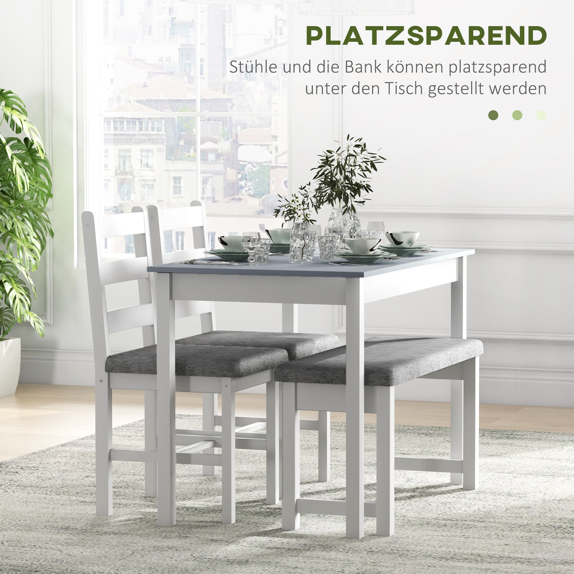 HOMCOM Sitzgruppe, 4-teiliges Esstisch-Set, 1 Tisch, 1 Bank, 2 Stühle, Grau + Weiß
