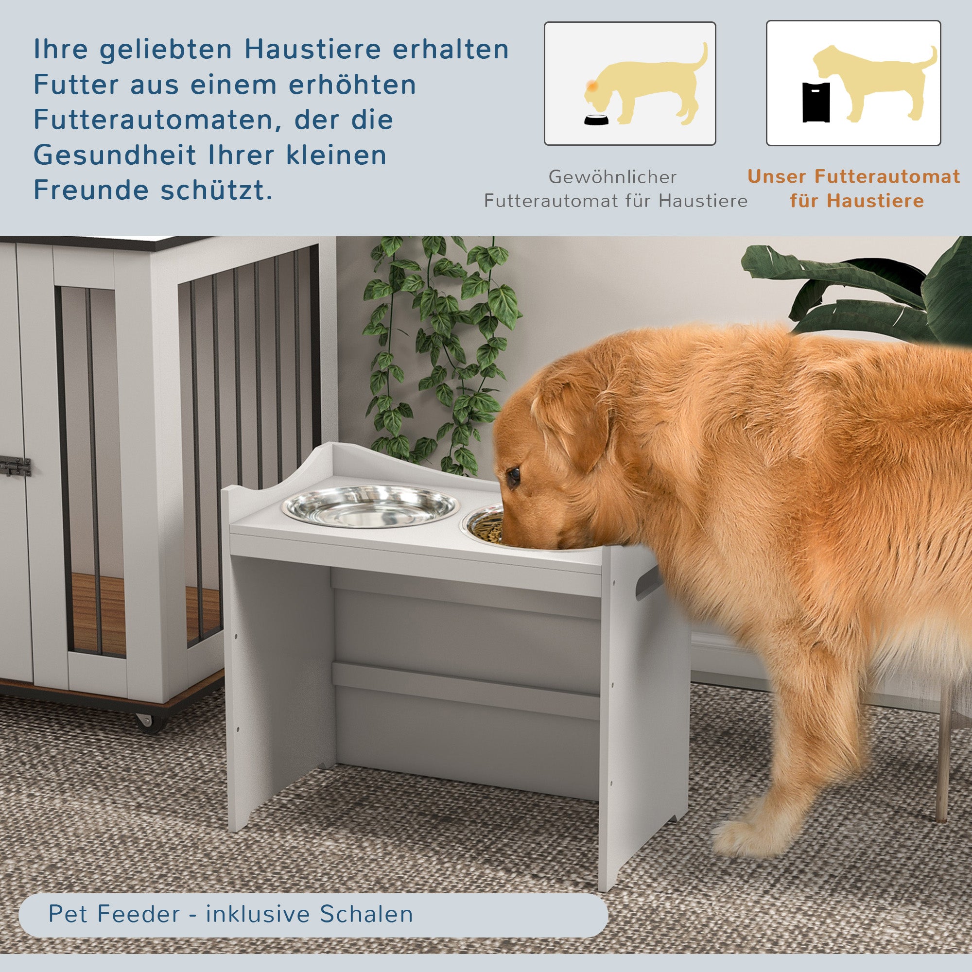 PawHut Futterstation für Hunde, 2 Edelstahlnäpfe, höhenverstellbar, 54x31,5x47cm, Weiß