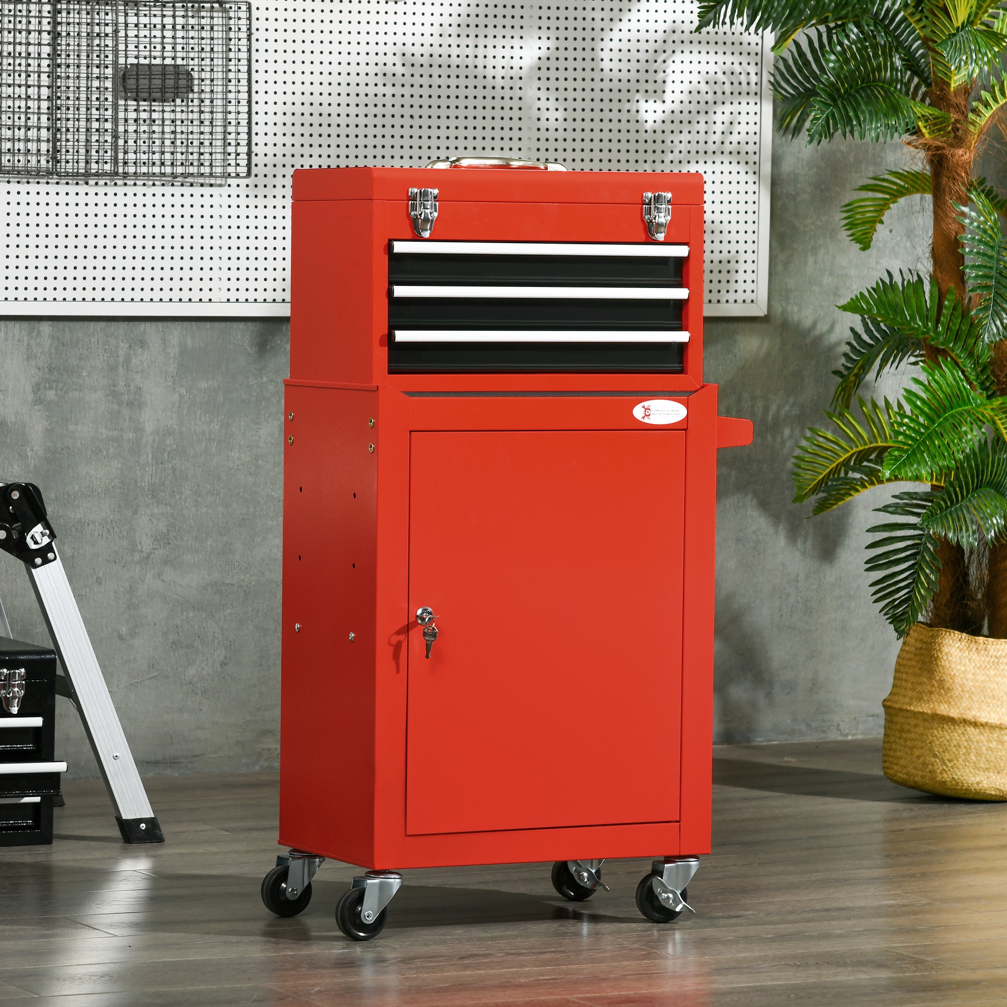 DURHAND 2-in-1 Werkzeugwagen, mobil, 3 Schubladen, Werkzeugtafel, Stahlgehäuse, 46L x 28B x 94H cm, Rot