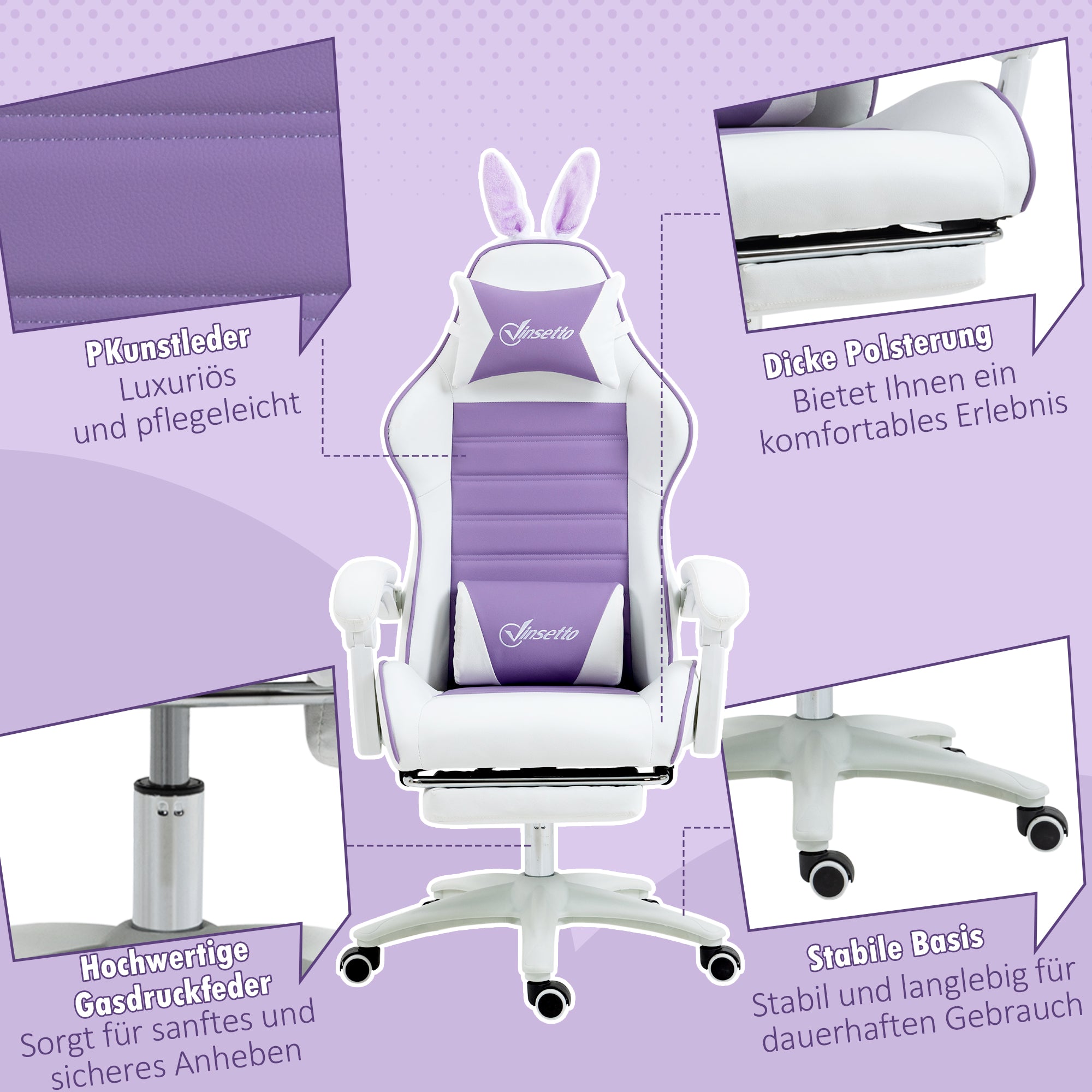 Vinsetto Gaming Stuhl Ergonomischer Gamer Stuhl mit Lendenwirbelstütze, Fußstütze Hasenohren Kopfkissen Violett
