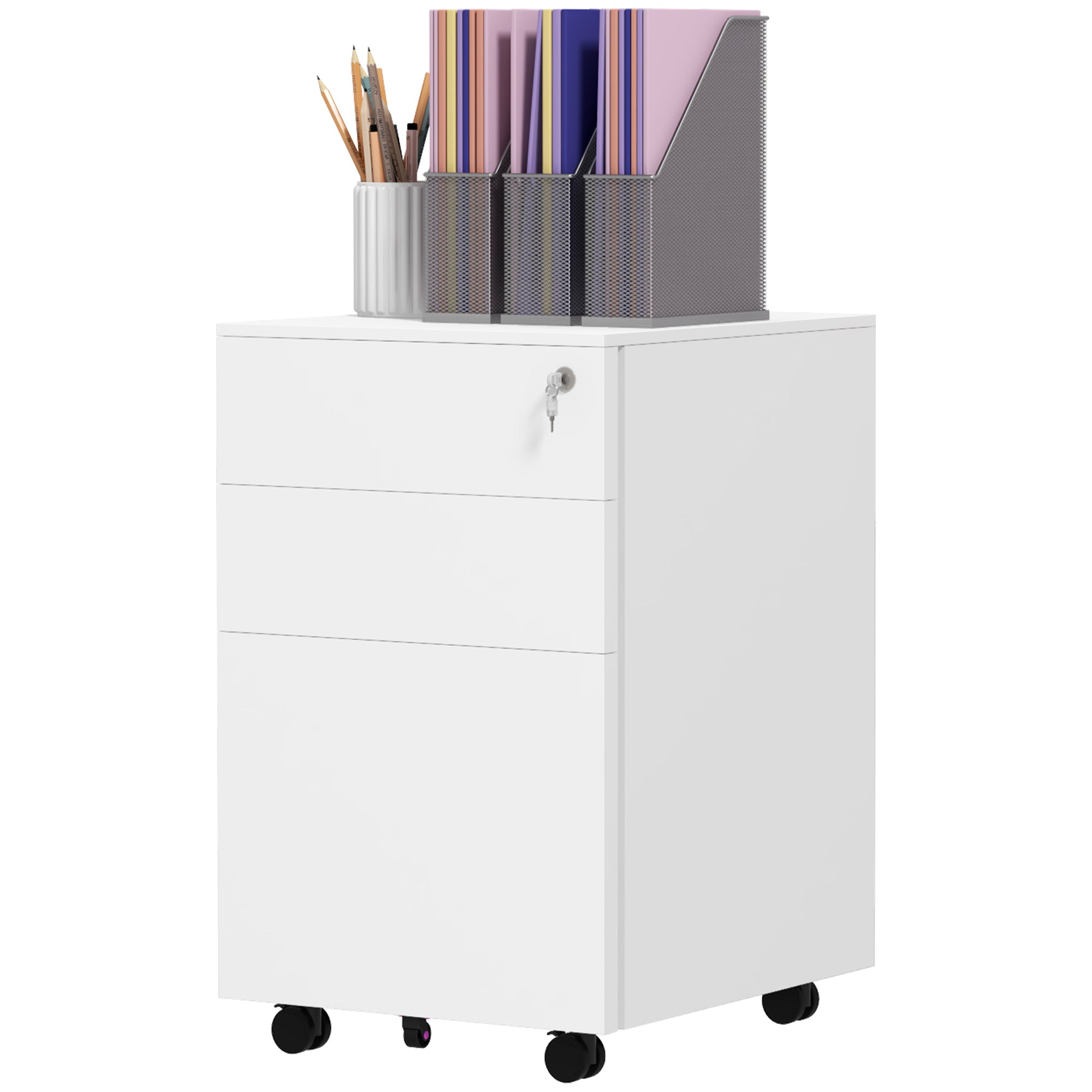 Vinsetto Rollcontainer Aktenschrank, 3 Schubladen, abschließbar, rollbar, 37 cm x 43,5 cm x 60 cm, Weiß