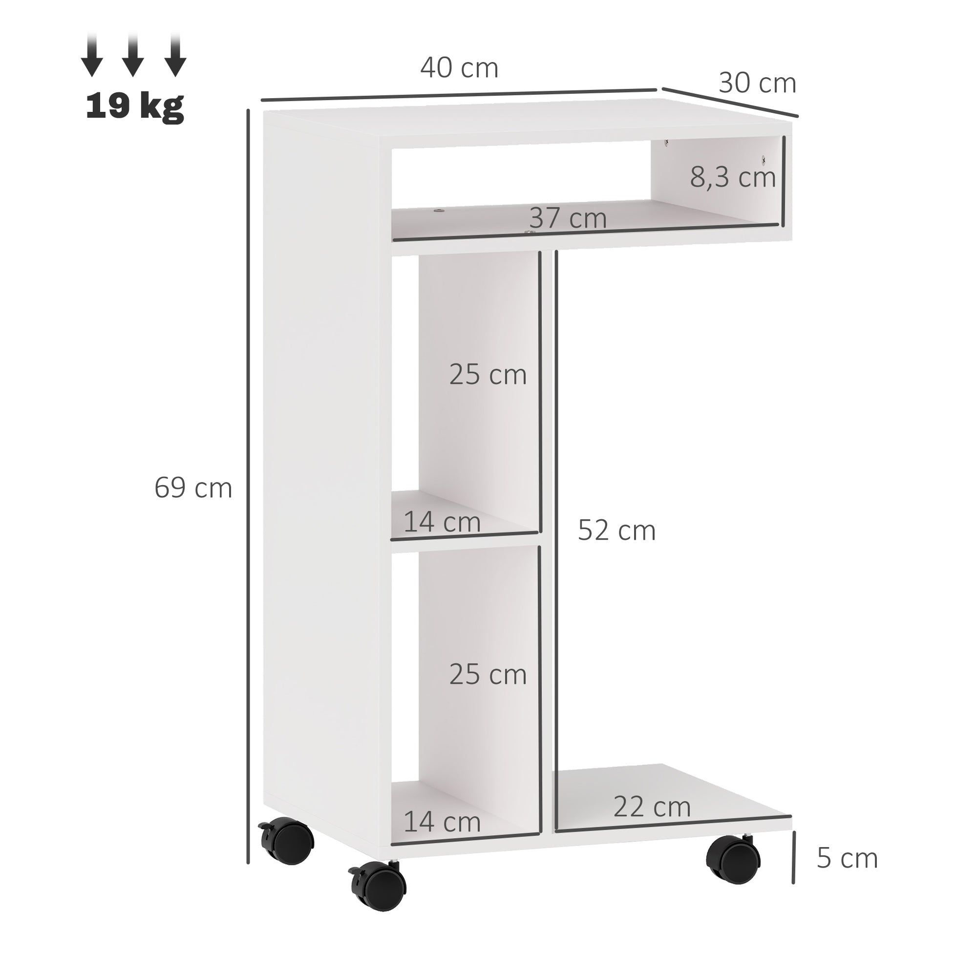 HOMCOM Beistelltisch, C-förmiger Servierwagen, 4 Rollen, 3 Fächer, 40 x 30 x 69 cm, Weiß