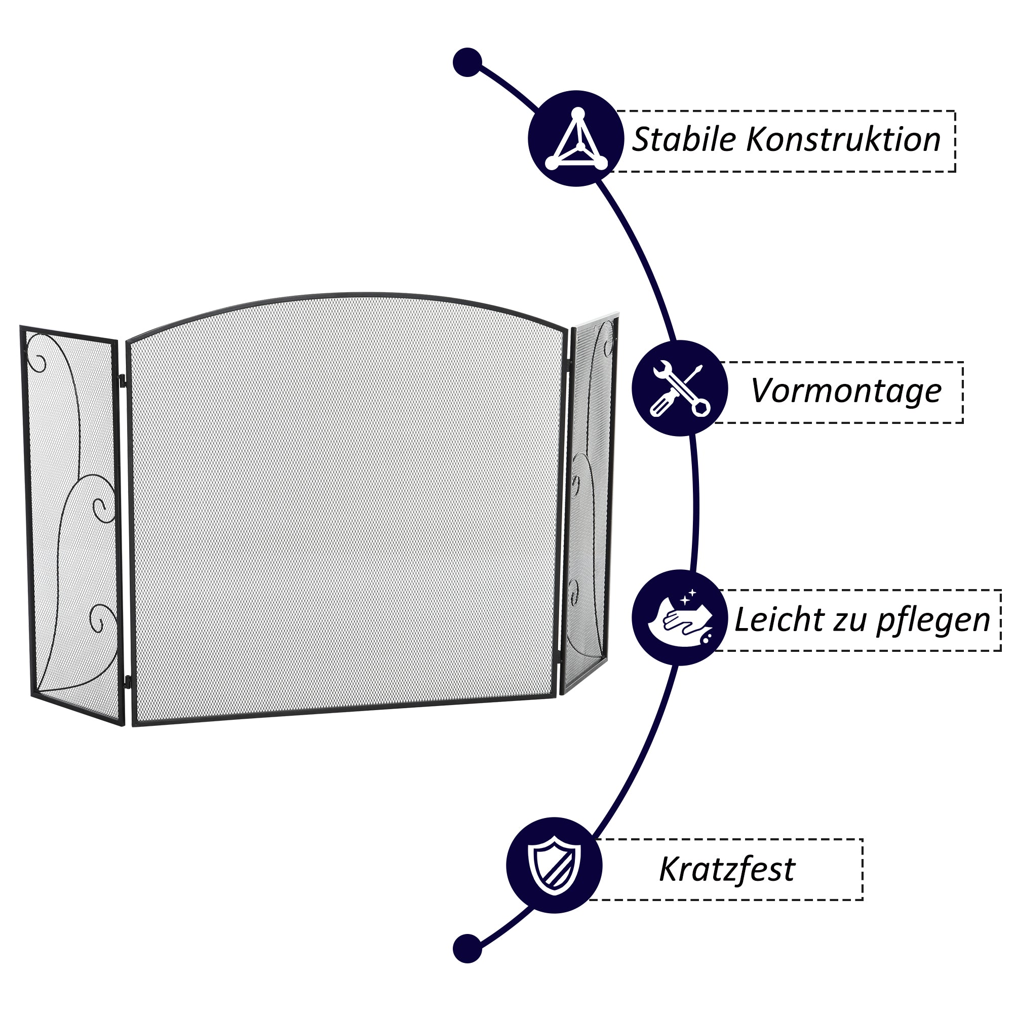 HOMCOM Funkenschutz für Kamine, 3 Paneele, klappbar, flexibel, Metall, schwarz, 132,5 x 76,5cm