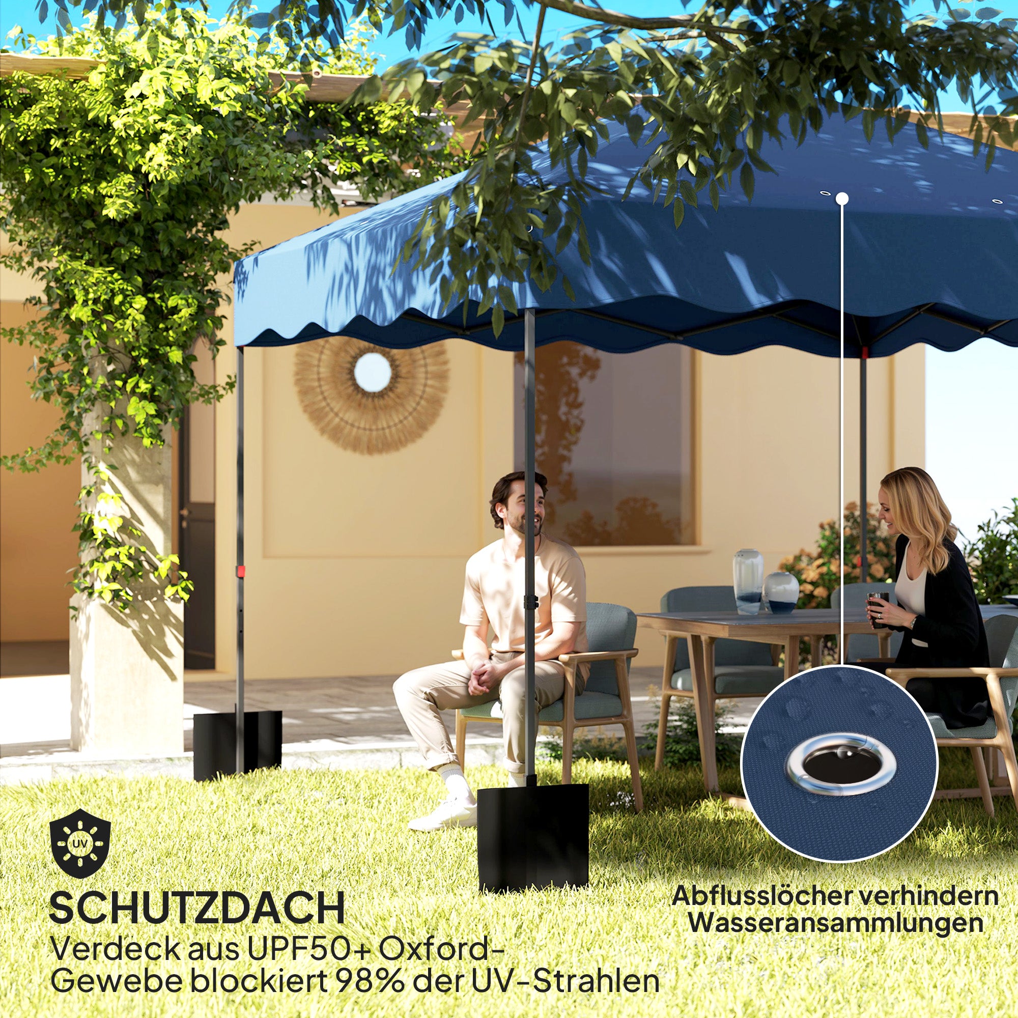 Outsunny 3 x 3 m Pop-up-Pavillon, Höhenverstellbares Gartenzelt, mit Rolltasche, für Garten, Terrasse, Metall, Stoff, Dunkelblau