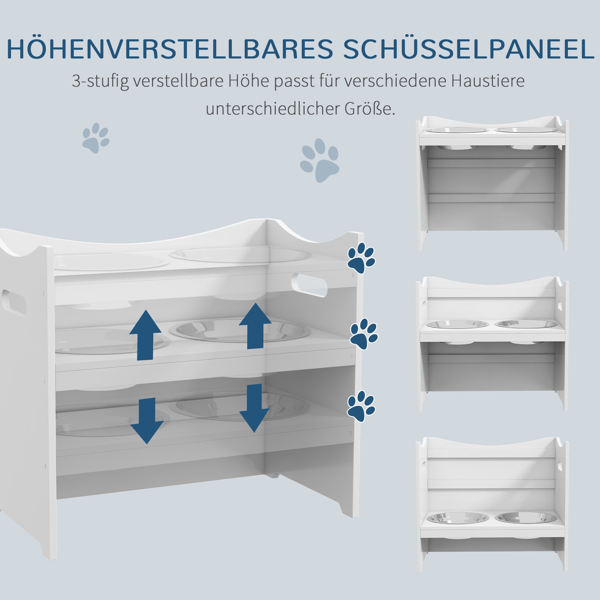 PawHut Futterstation für Hunde, 2 Edelstahlnäpfe, höhenverstellbar, 54x31,5x47cm, Weiß