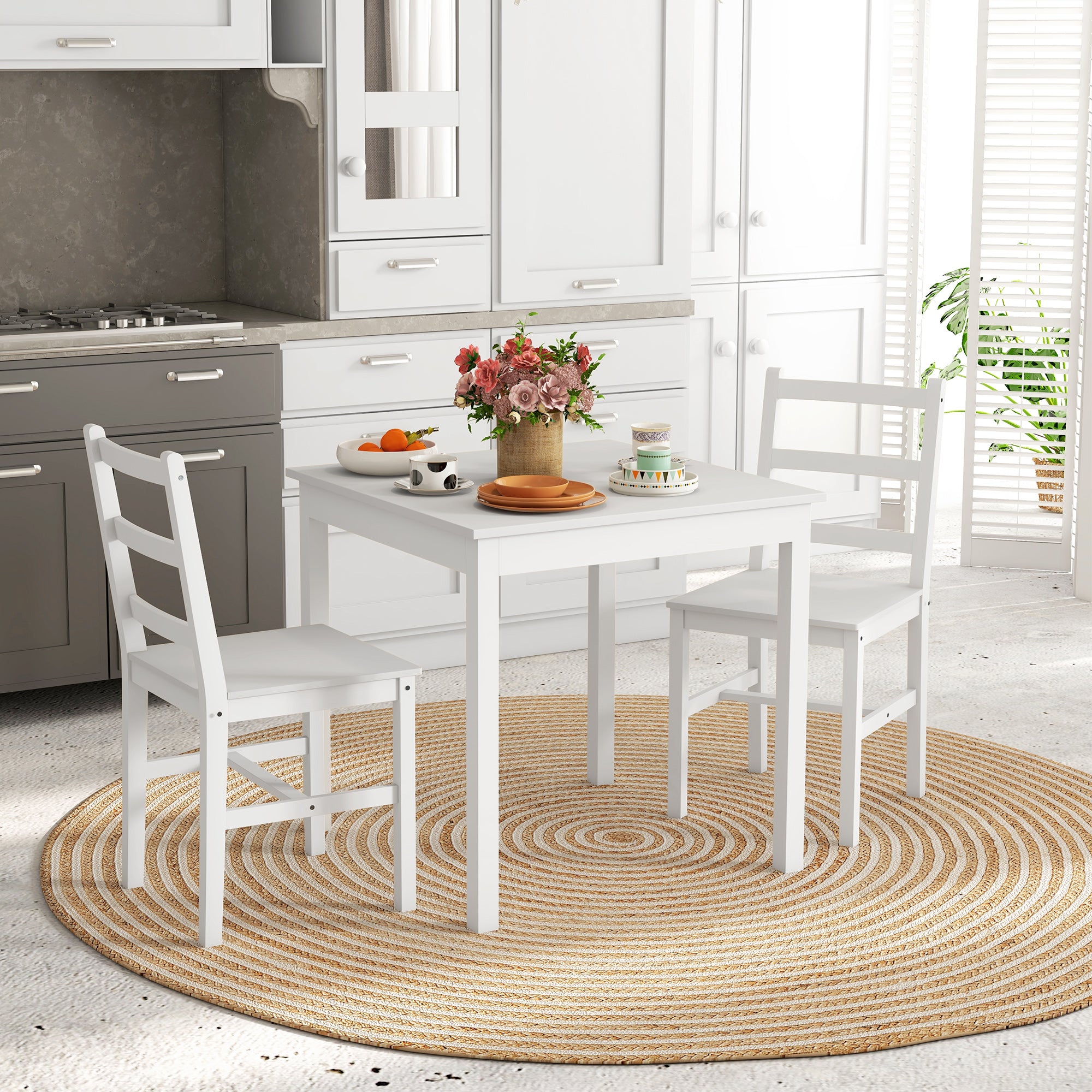 HOMCOM 3-teilige Essgruppe Sitzgruppe Tisch mit Stühlen, Massivholz, Weiß